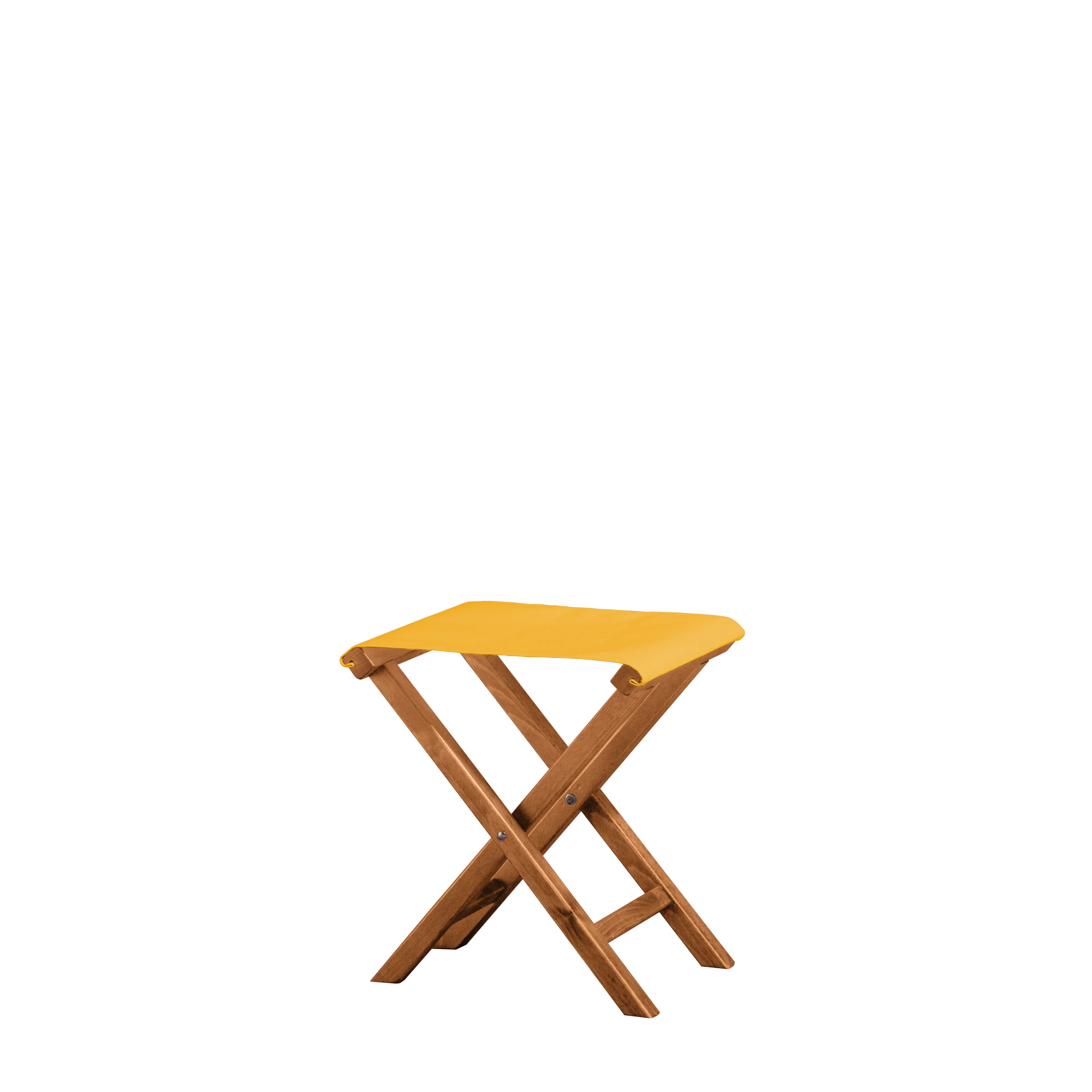 Beistellhocker Wim aus brandyfarbenem Buchenholz mit gelbem Bezug, Seitenansicht