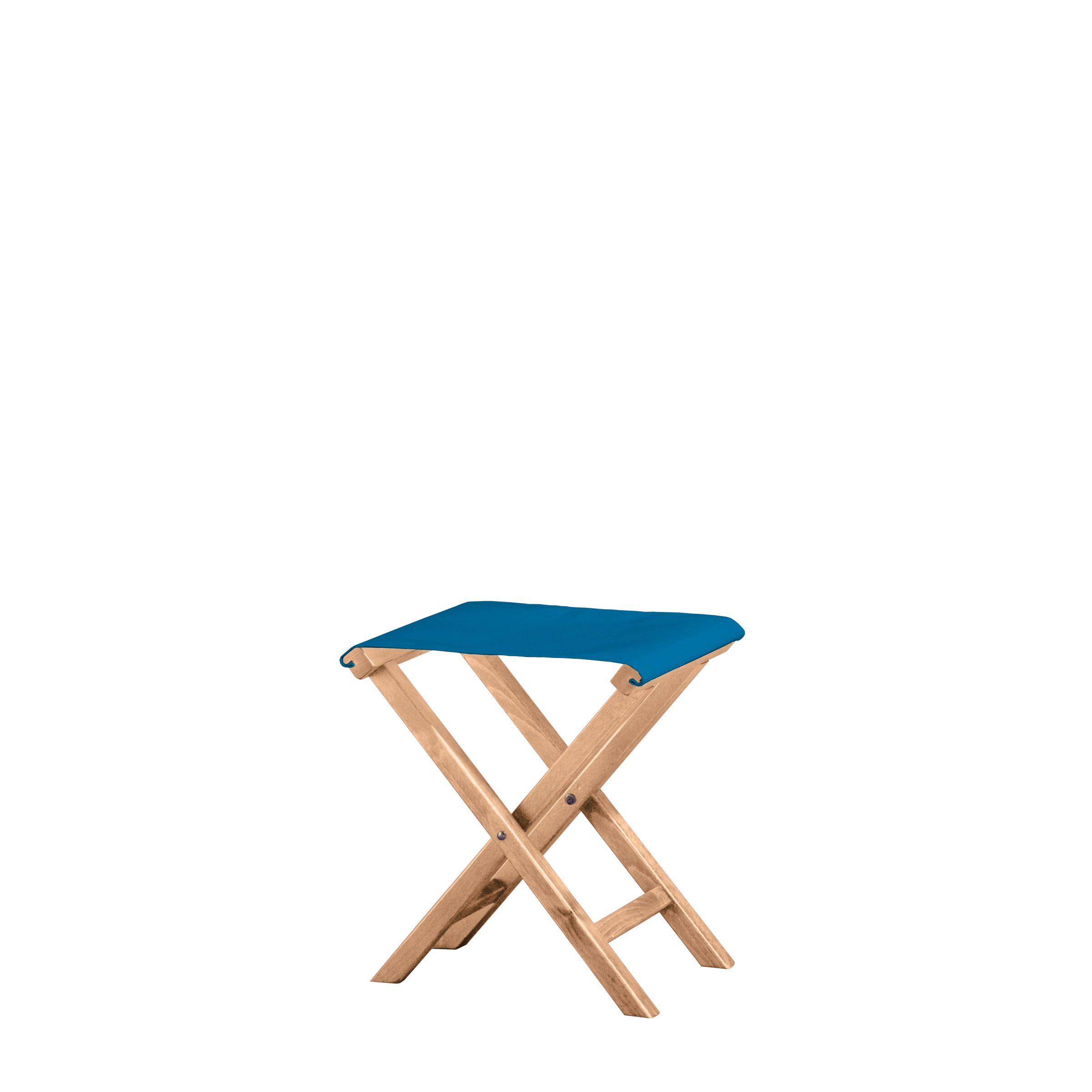 Beistellhocker Wim aus naturfarbenem Buchenholz mit blauem Bezug, Seitenansicht