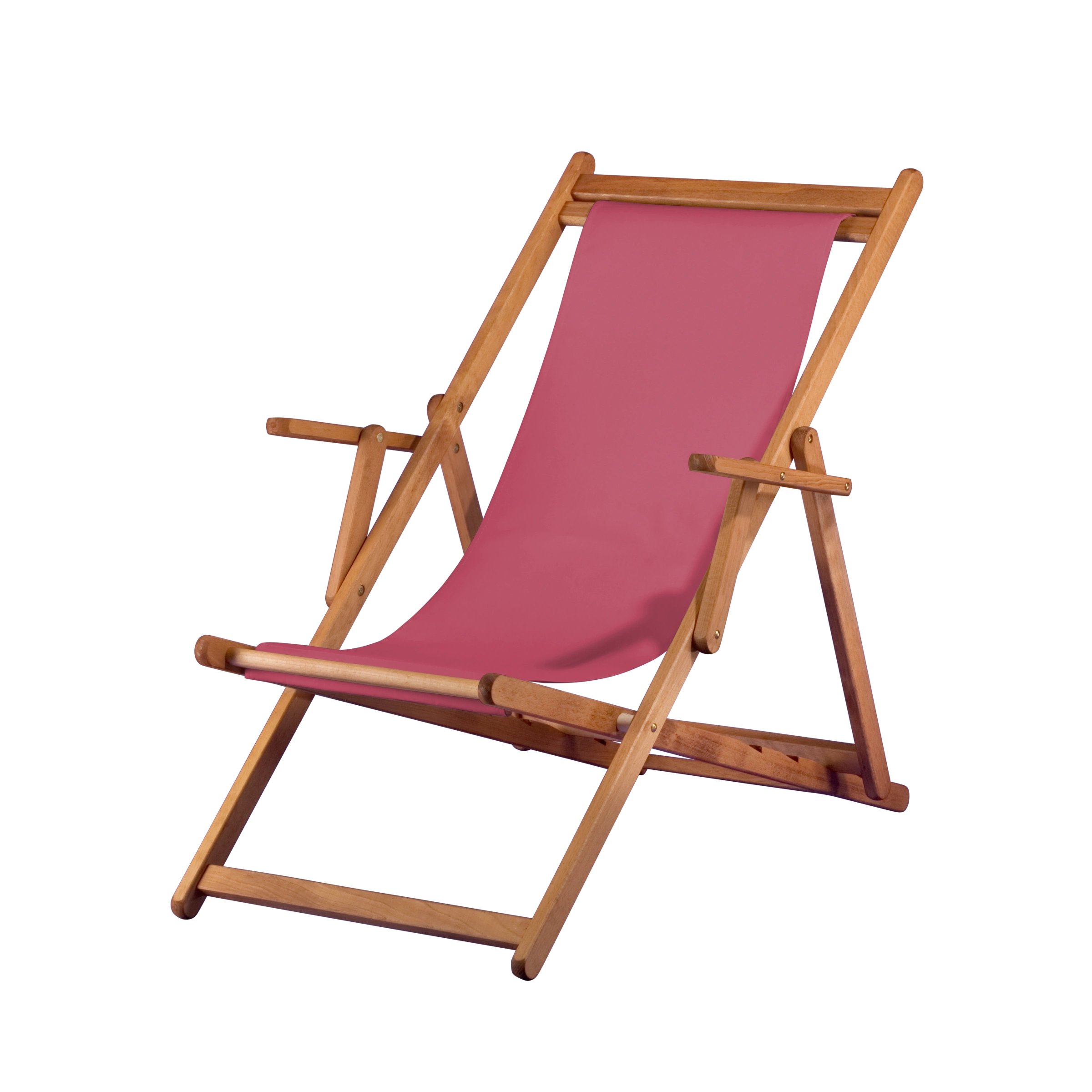 Liegestuhl Charly aus brandy geöltem Buchenholz mit Bezug in fuchsia, Seitenansicht
#Classic | Liegefläche (Farbe)_fuchsia