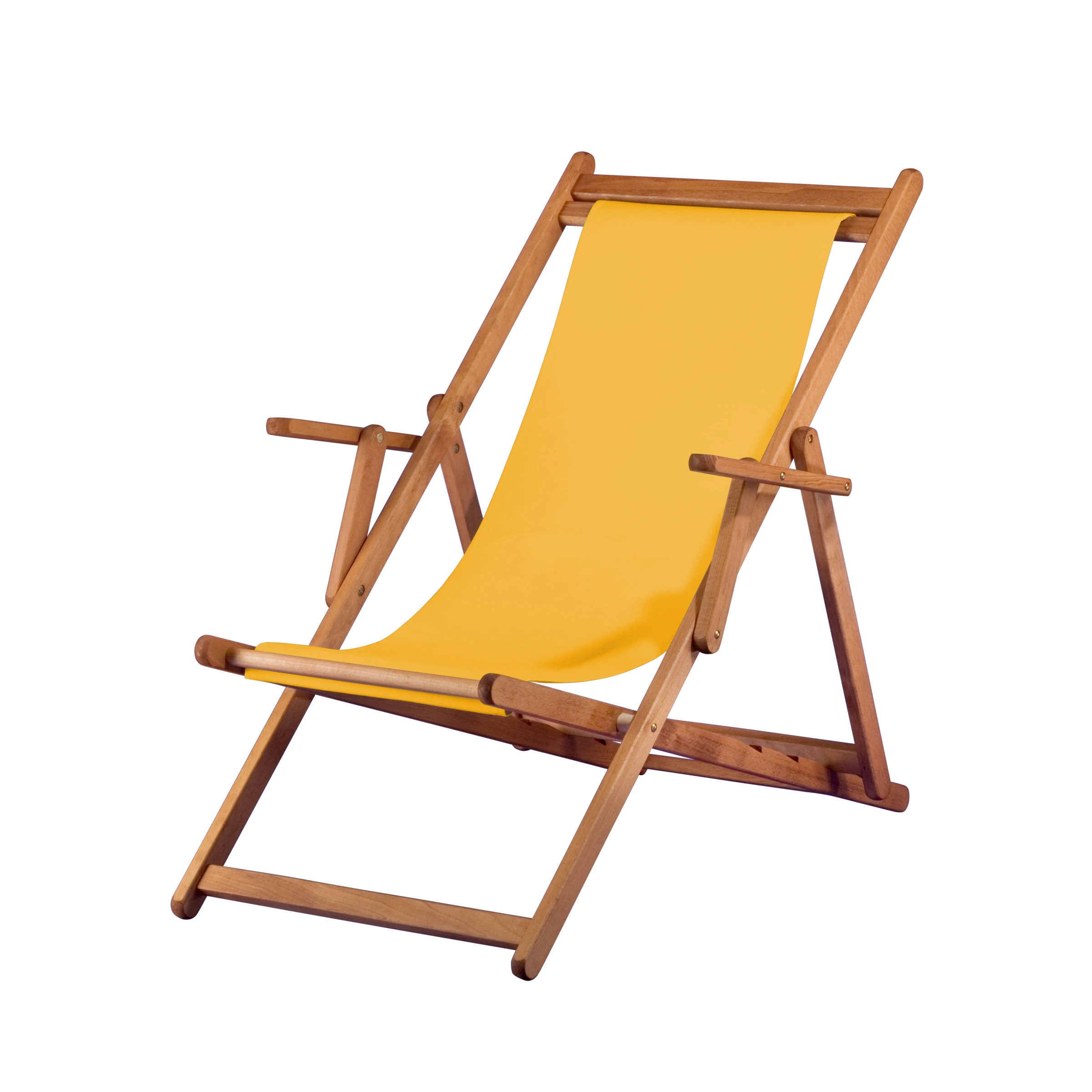 Liegestuhl Charly aus brandy geöltem Buchenholz mit gelbem Bezug, Seitenansicht
#Classic | Liegefläche (Farbe)_gelb