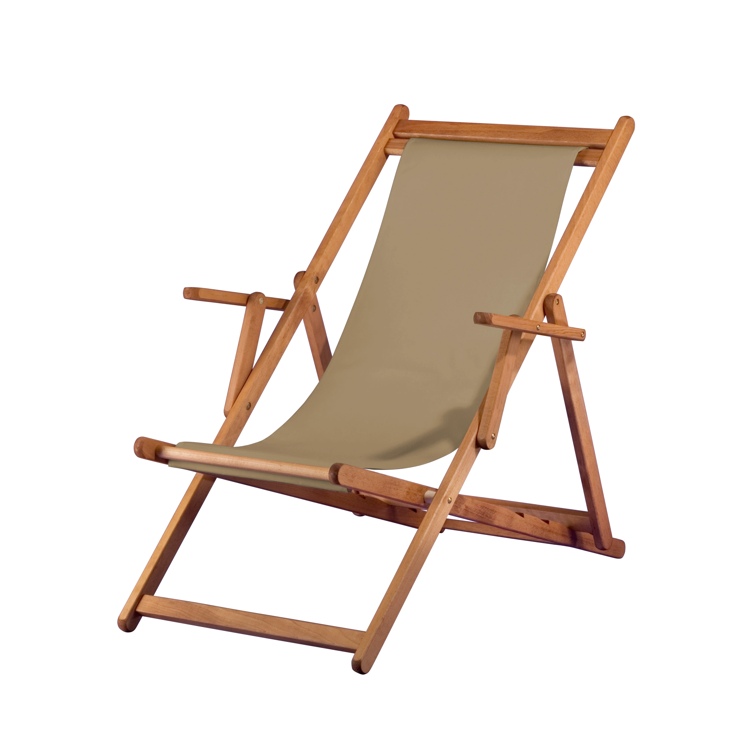 Liegestuhl Charly aus brandy geöltem Buchenholz mit Bezug in grau-beige, Seitenansicht
#Classic | Liegefläche (Farbe)_grau-beige