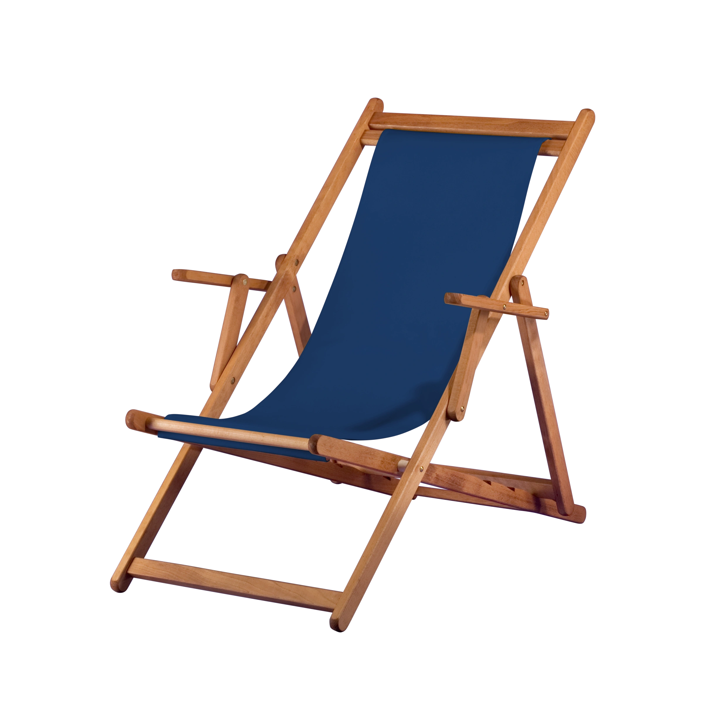 Liegestuhl Charly aus brandy geöltem Buchenholz mit Bezug in marine, Seitenansicht
#Classic | Liegefläche (Farbe)_marine