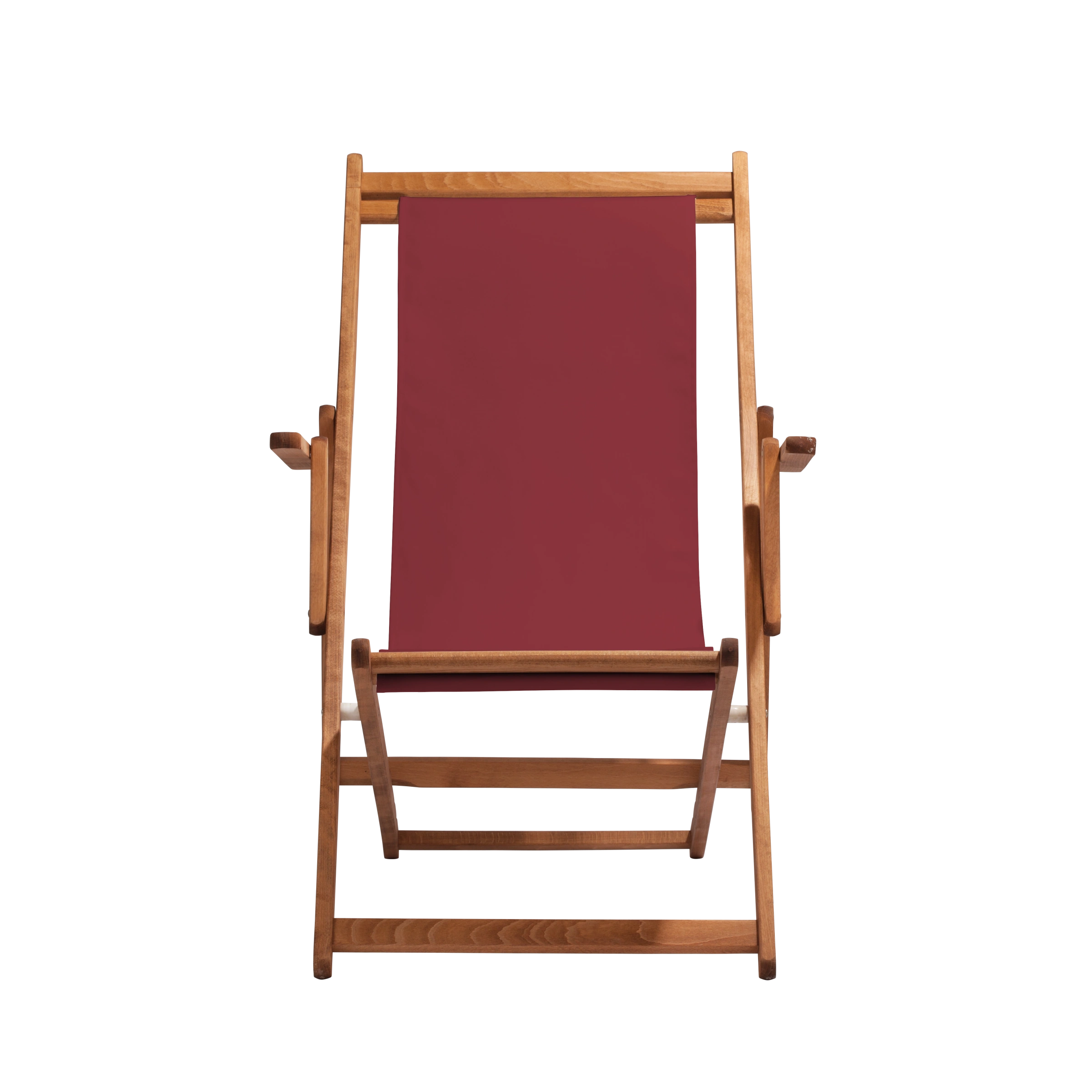 Liegestuhl Charly aus brandy geöltem Buchenholz mit Bezug in bordeaux, Frontalansicht
#Classic | Liegefläche (Farbe)_bordeaux