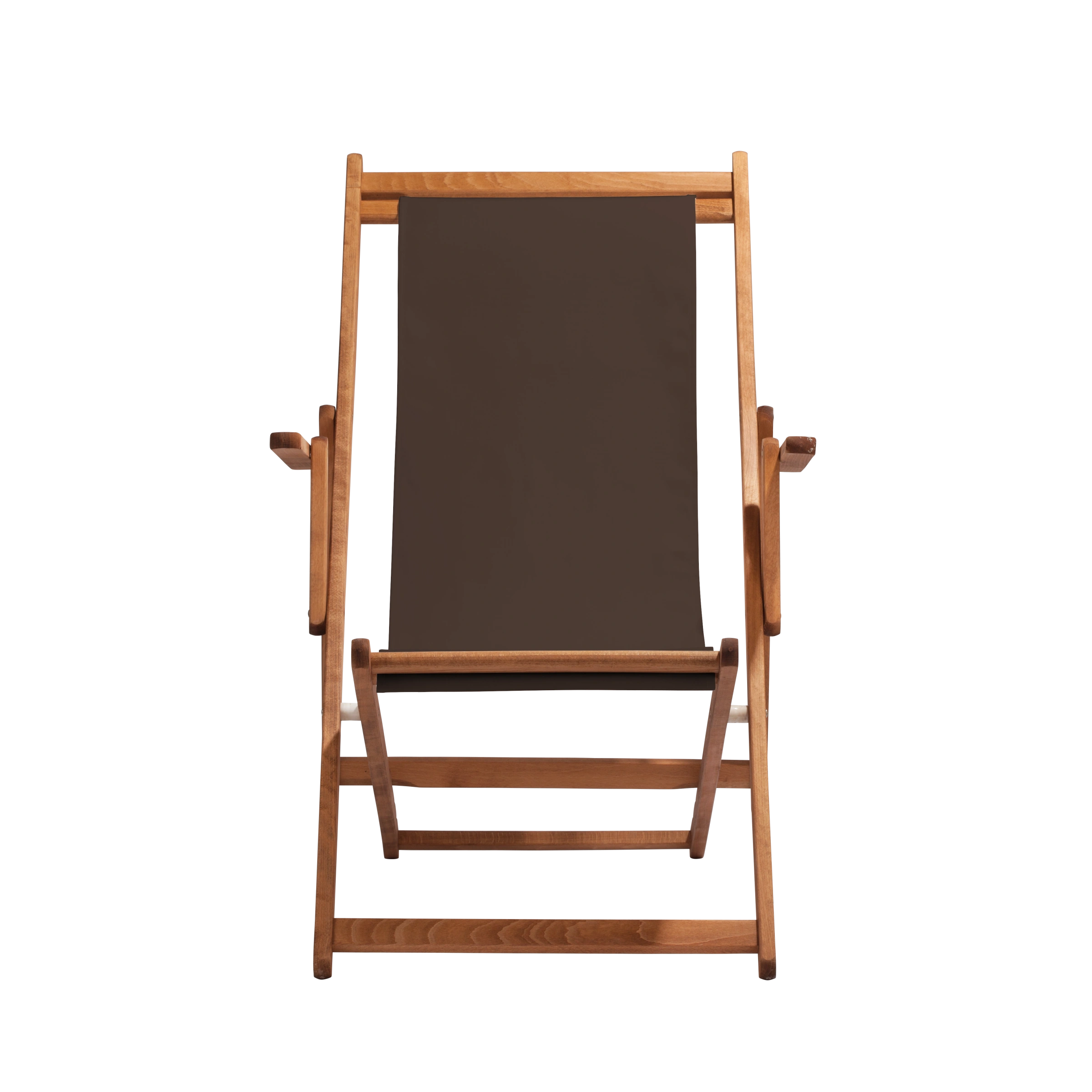 Liegestuhl Charly aus brandy geöltem Buchenholz mit Bezug in caffé, Frontalansicht
#Classic | Liegefläche (Farbe)_caffé