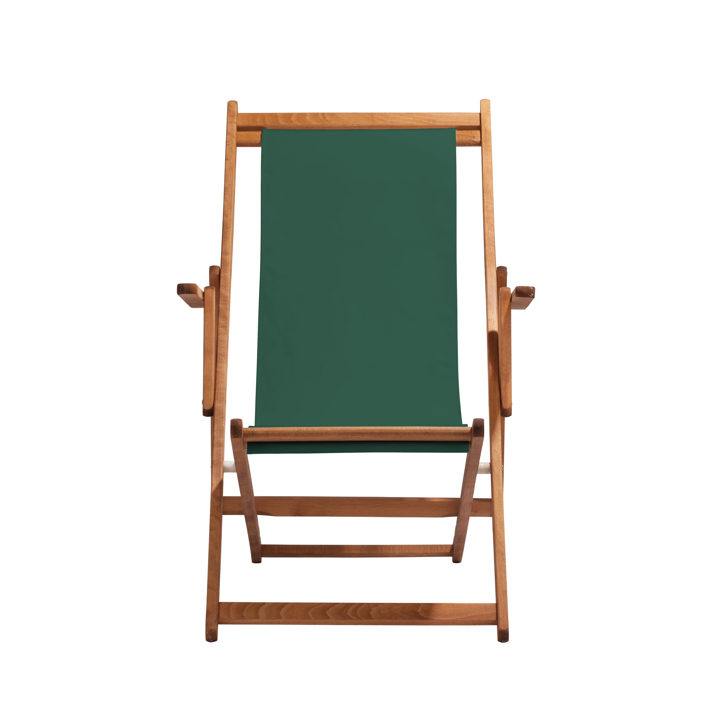 Liegestuhl Charly aus brandy geöltem Buchenholz mit dunkelgrünem Bezug, Frontalansicht
#Classic | Liegefläche (Farbe)_dunkelgrün