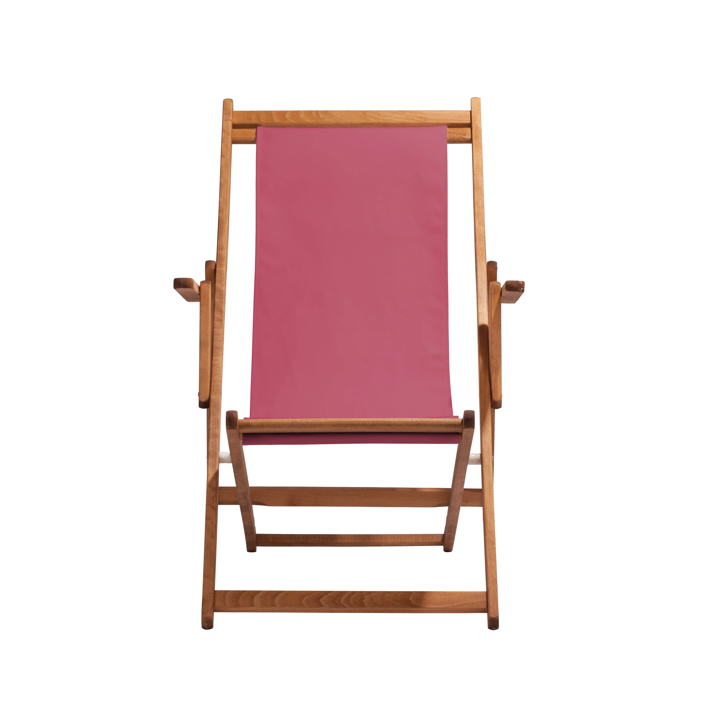 Liegestuhl Charly aus brandy geöltem Buchenholz mit Bezug in fuchsia, Frontalansicht
#Classic | Liegefläche (Farbe)_fuchsia