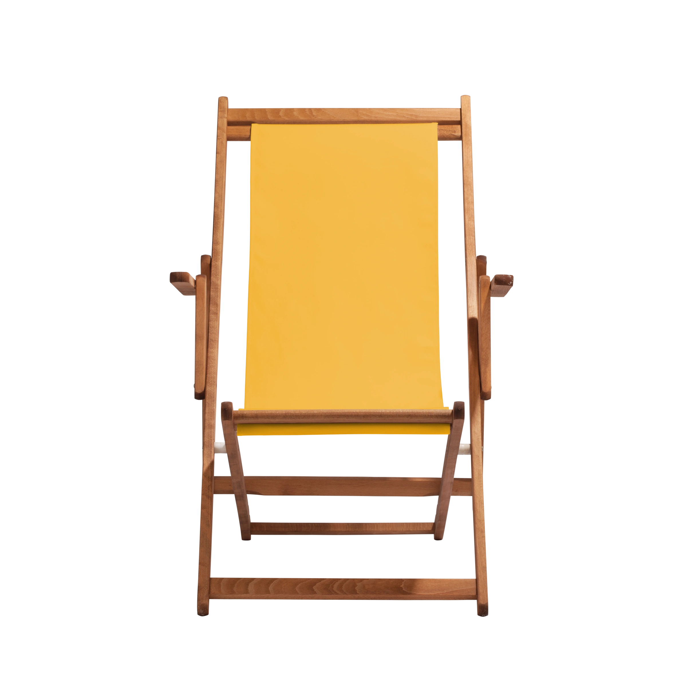 Liegestuhl Charly aus brandy geöltem Buchenholz mit gelbem Bezug, Frontalansicht
#Classic | Liegefläche (Farbe)_gelb