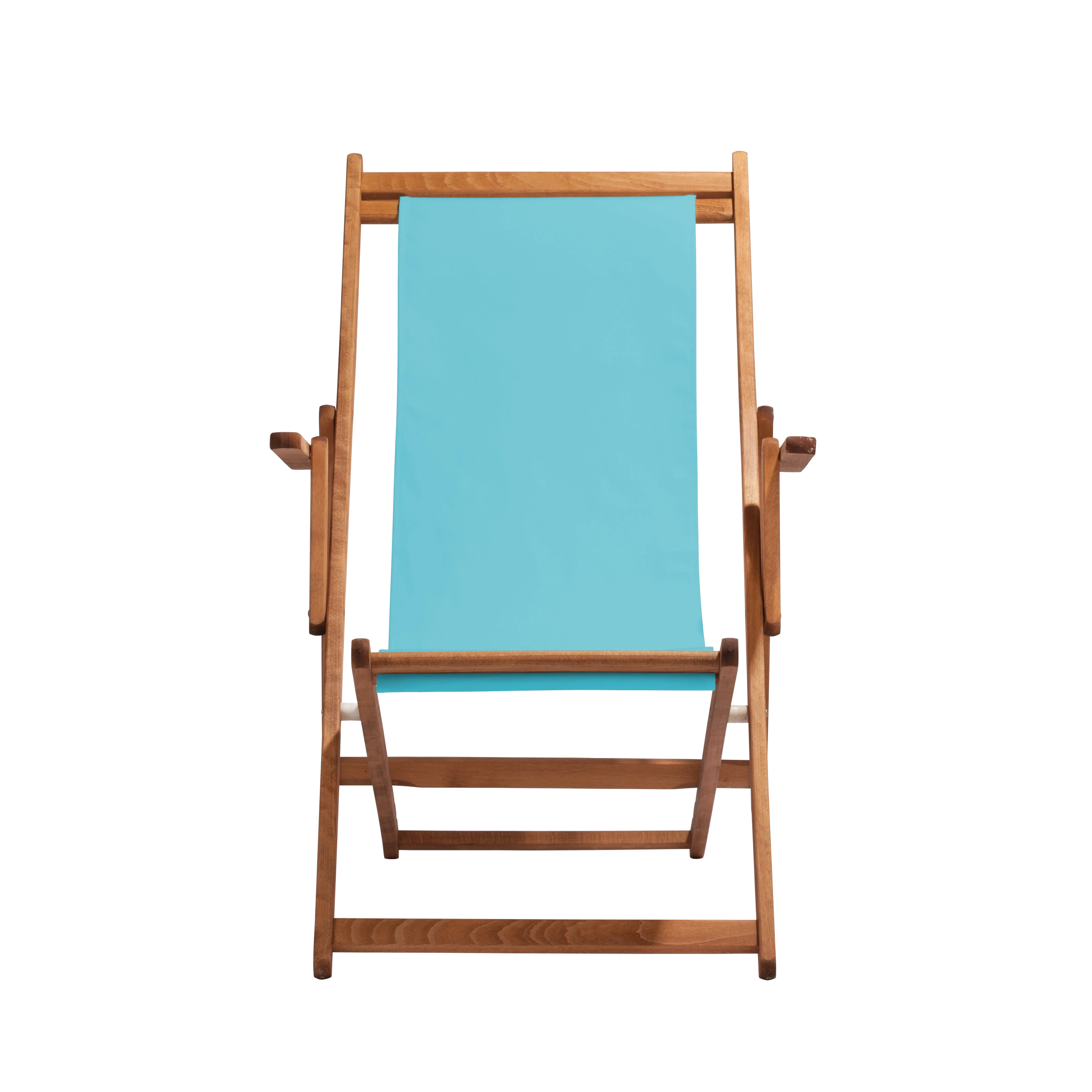 Liegestuhl Charly aus brandy geöltem Buchenholz mit hellblauem Bezug, Frontalansicht
#Classic | Liegefläche (Farbe)_hellblau