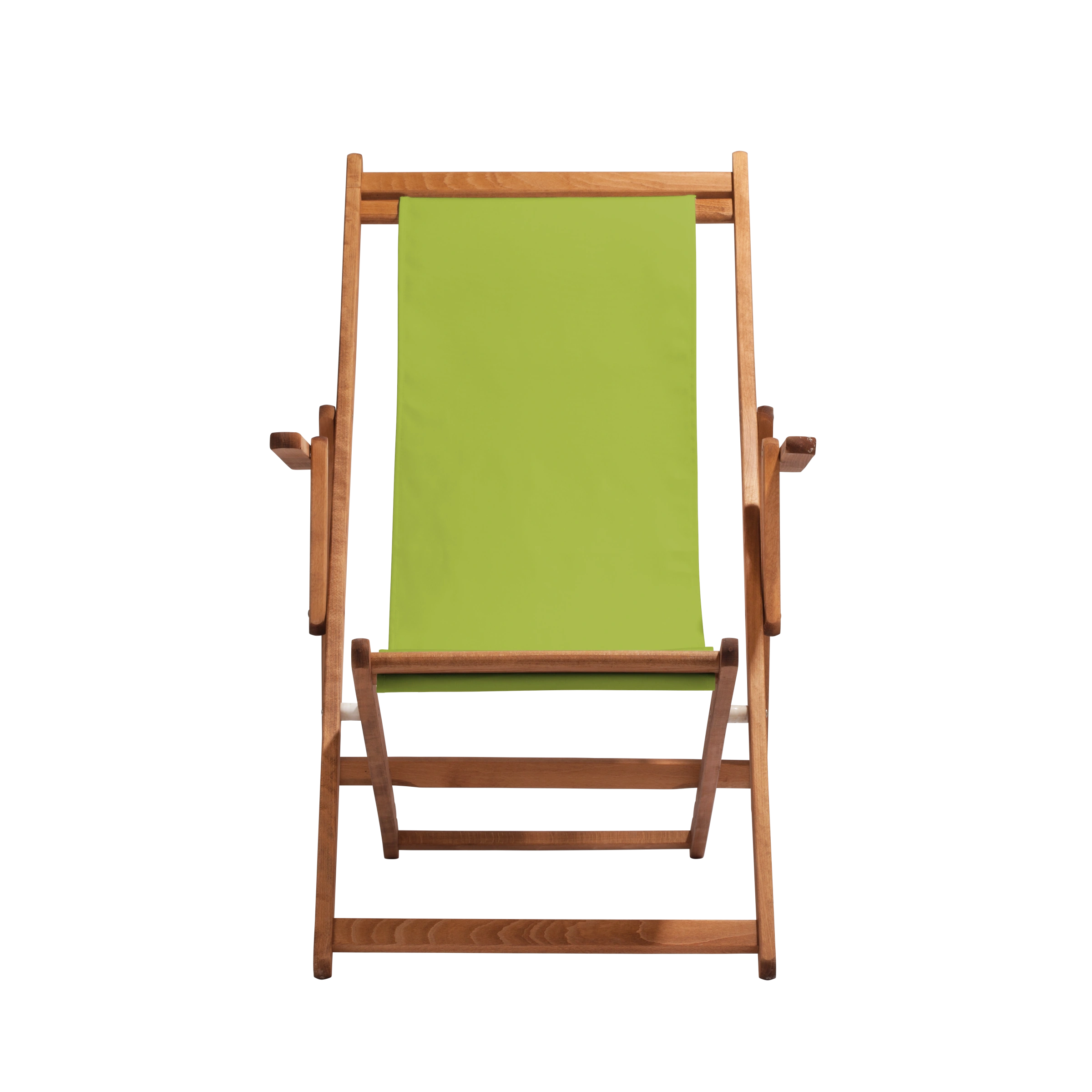 Liegestuhl Charly aus brandy geöltem Buchenholz mit hellgrünem Bezug, Frontalansicht
#Classic | Liegefläche (Farbe)_hellgrün
