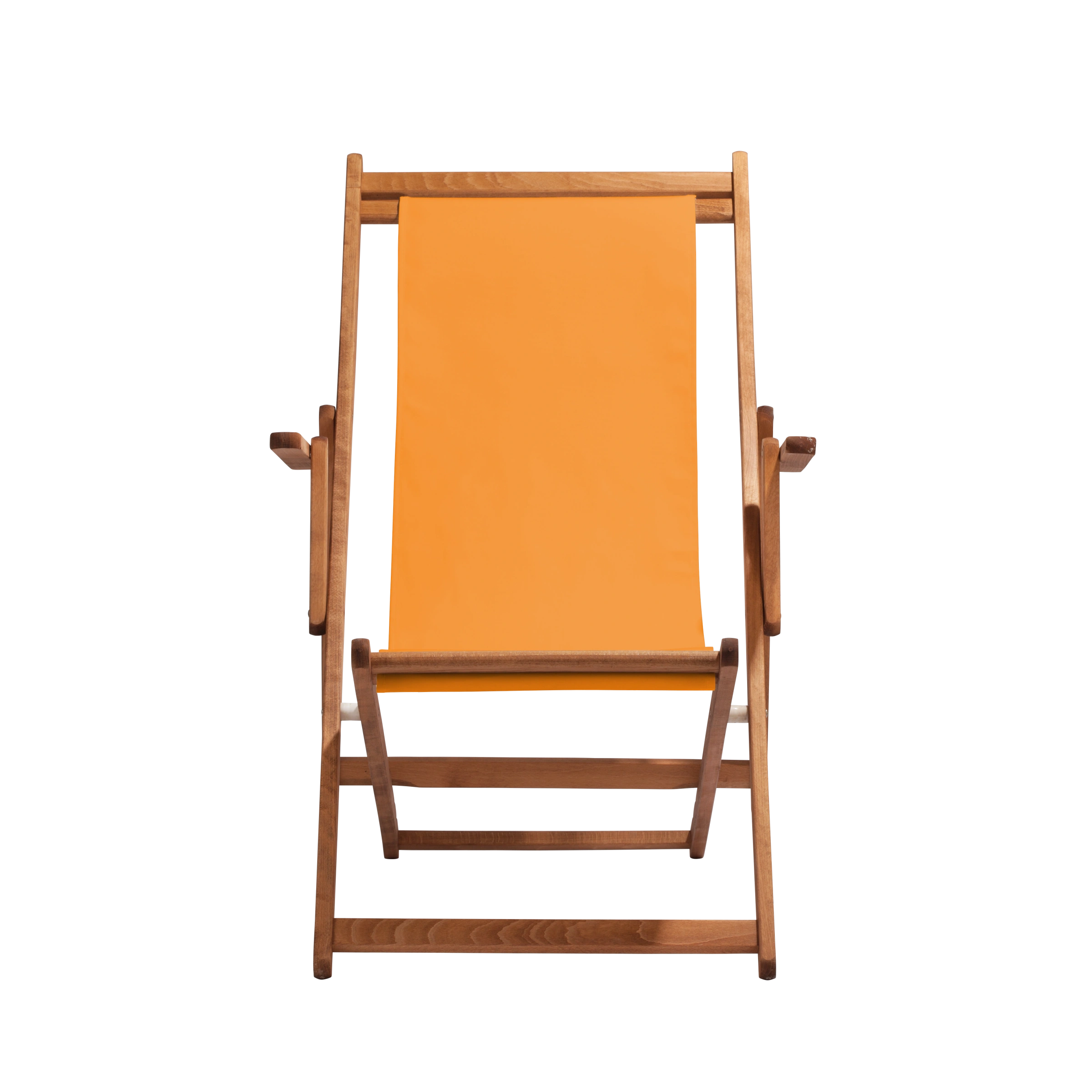 Liegestuhl Charly aus brandy geöltem Buchenholz mit Bezug in mandarine, Frontalansicht
#Classic | Liegefläche (Farbe)_mandarine