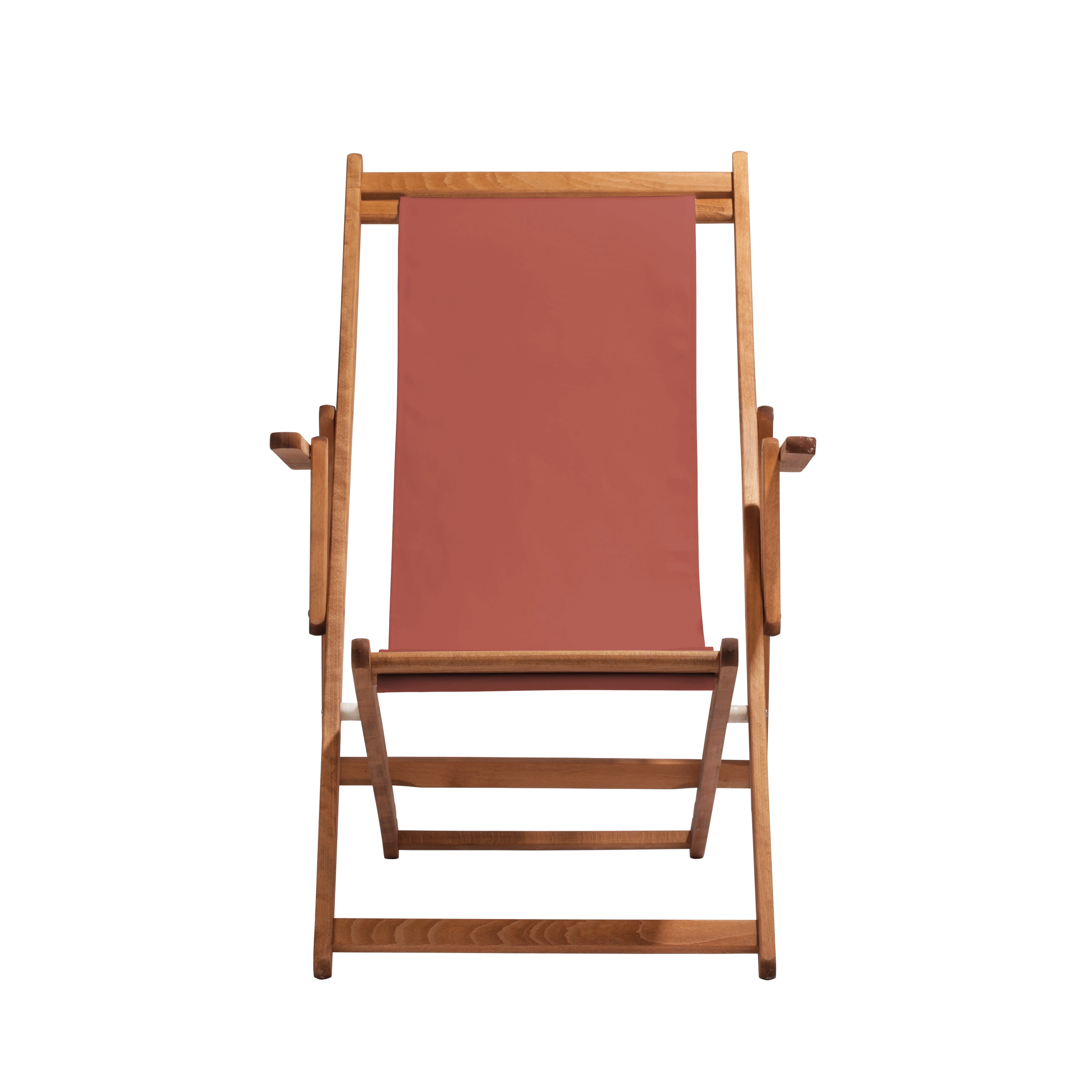 Liegestuhl Charly aus brandy geöltem Buchenholz mit Bezug in terracotta, Frontalansicht
#Classic | Liegefläche (Farbe)_terracotta