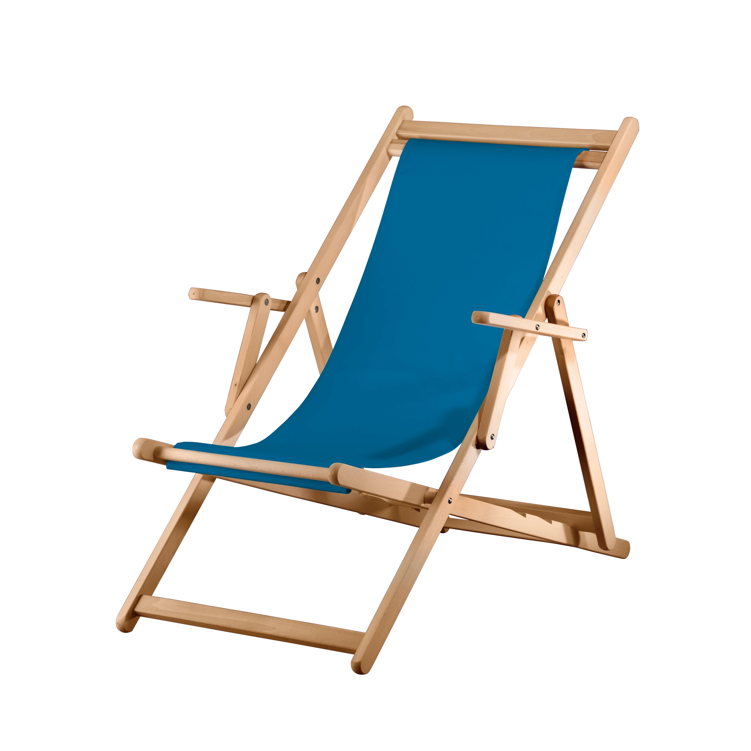 Liegestuhl Charly aus natur geöltem Buchenholz mit blauem Bezug, Seitenansicht
#Classic | Liegefläche (Farbe)_blau