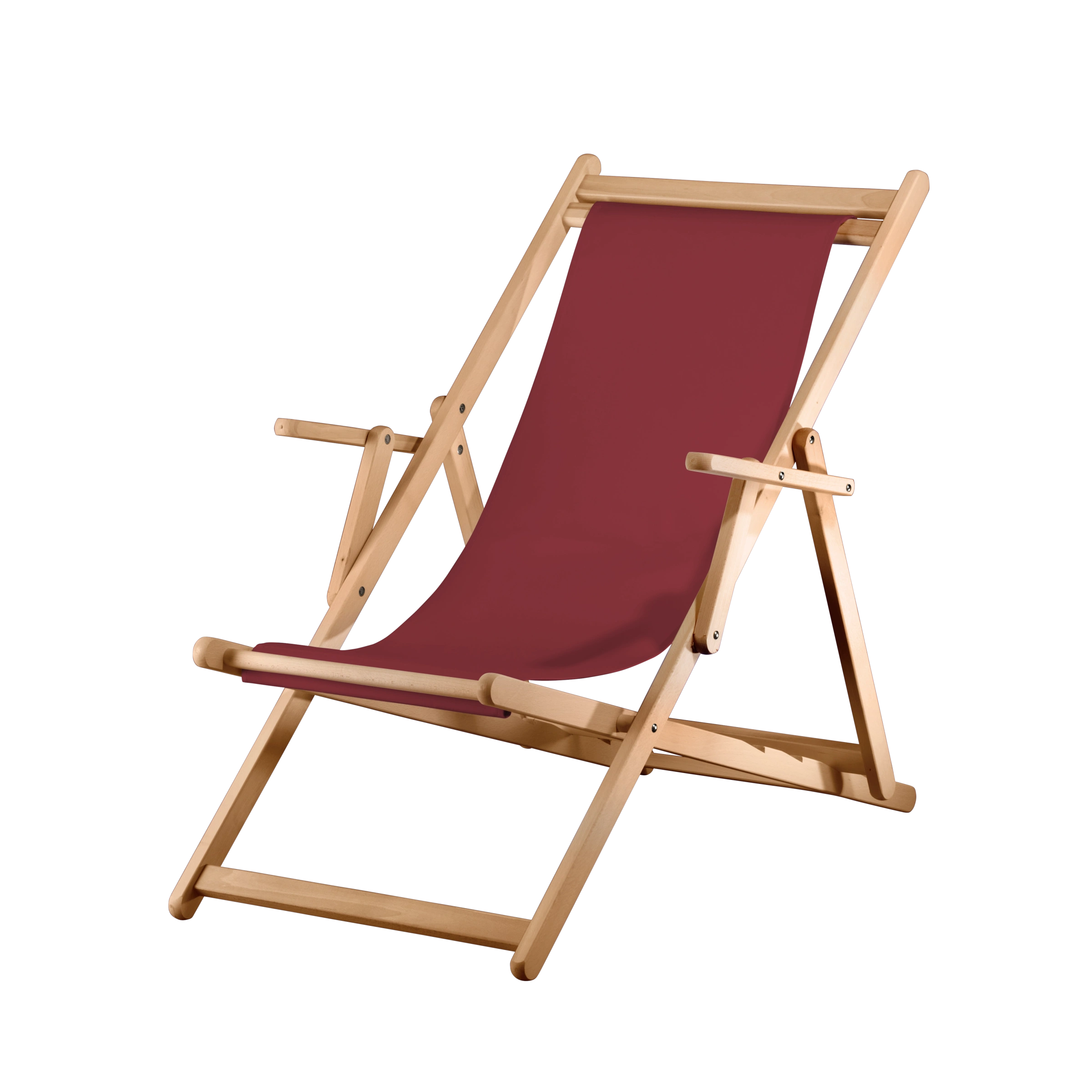 Liegestuhl Charly aus natur geöltem Buchenholz mit Bezug in bordeaux, Seitenansicht
#Classic | Liegefläche (Farbe)_bordeaux