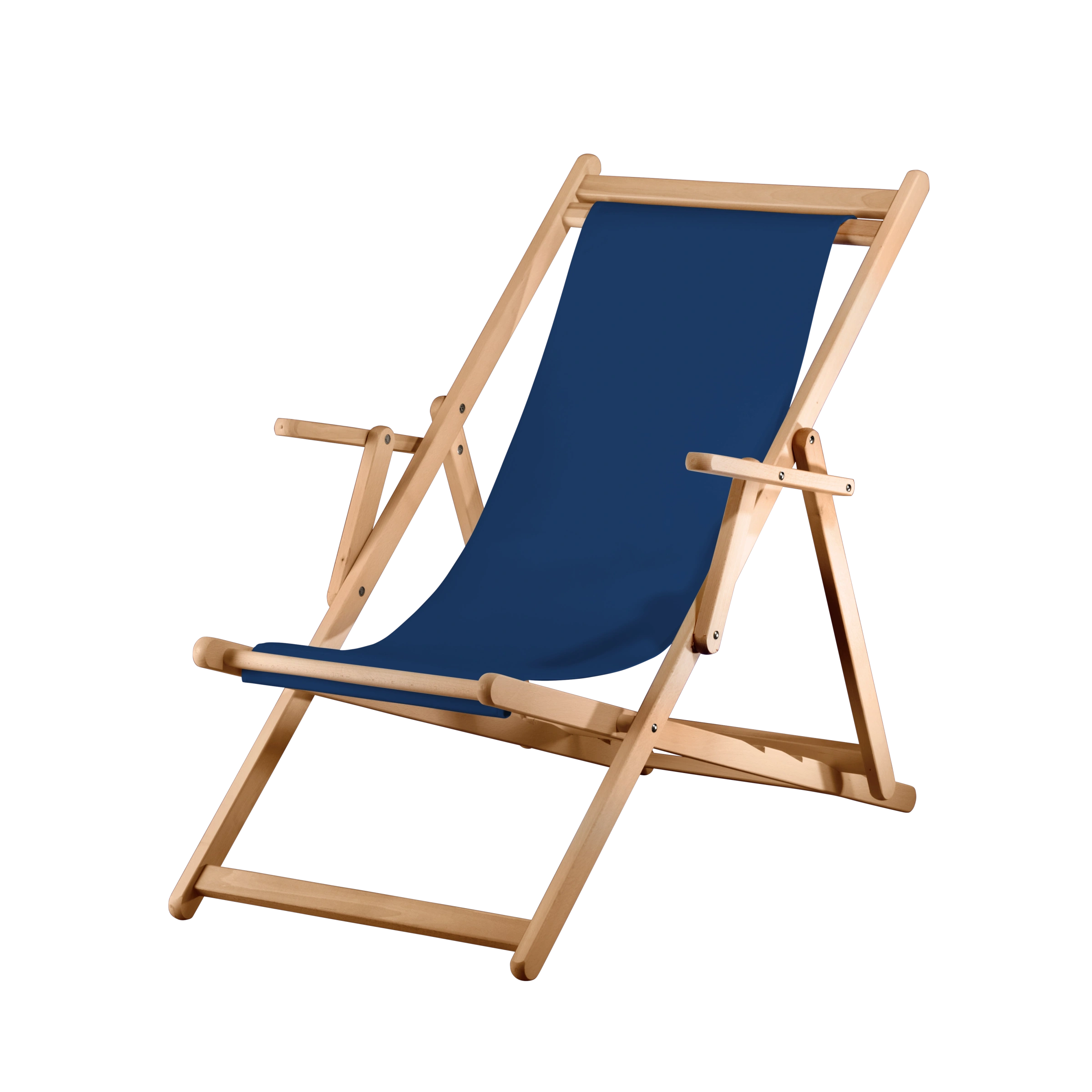 Liegestuhl Charly aus natur geöltem Buchenholz mit Bezug in marine, Seitenansicht
#Classic | Liegefläche (Farbe)_marine