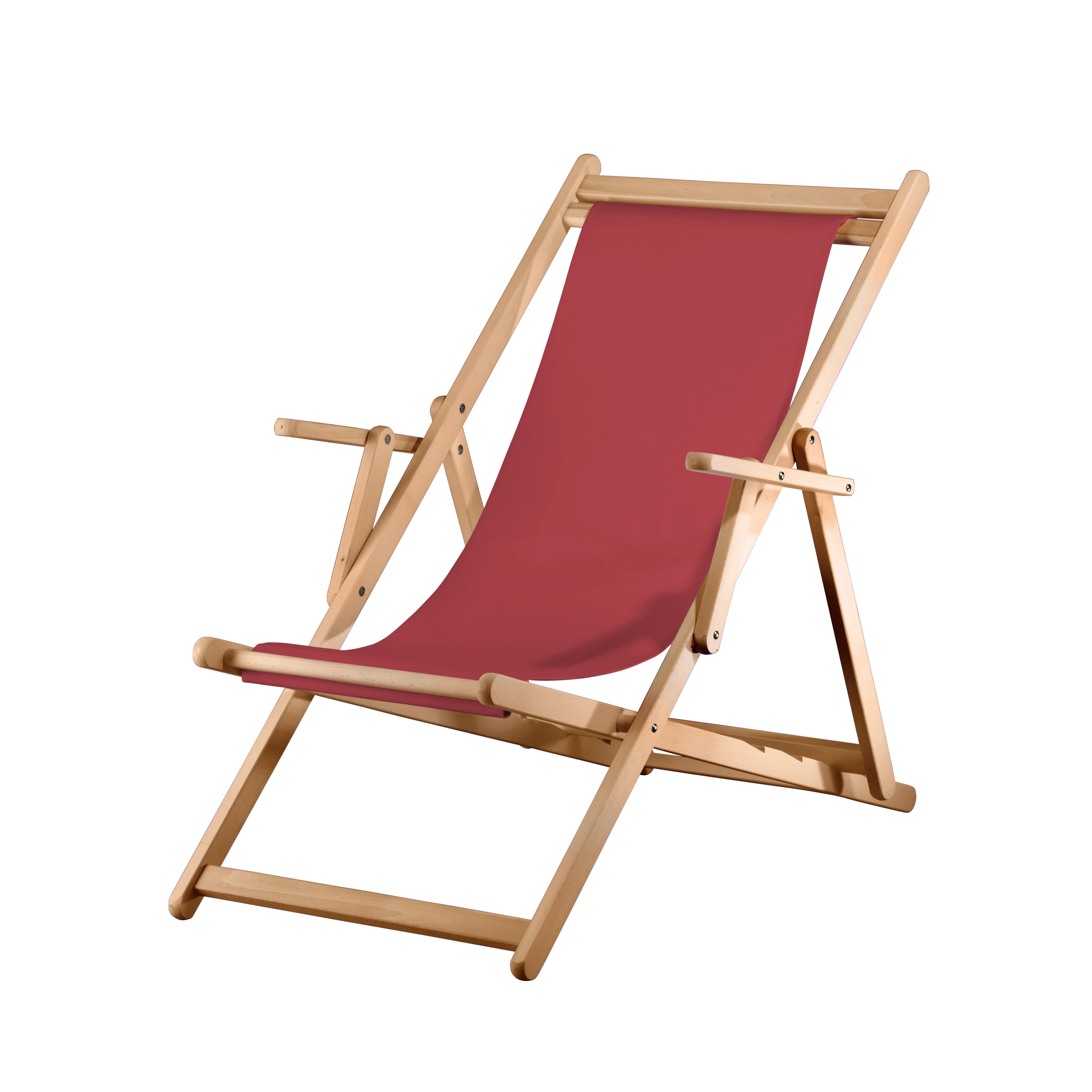 Liegestuhl Charly aus natur geöltem Buchenholz mit rotem Bezug, Seitenansicht
#Classic | Liegefläche (Farbe)_rot