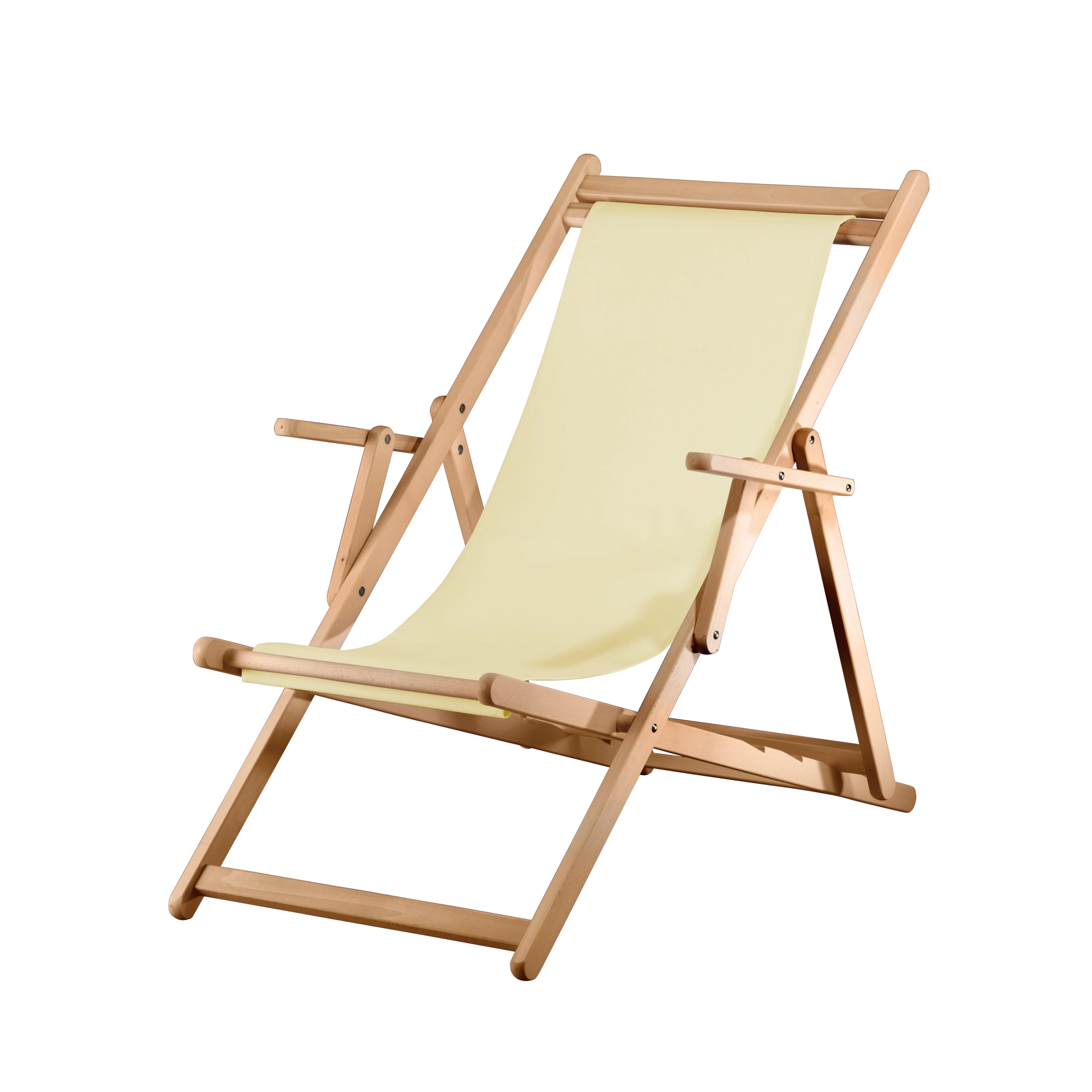 Liegestuhl Charly aus natur geöltem Buchenholz mit Bezug in vanille, Seitenansicht
#Classic | Liegefläche (Farbe)_vanille