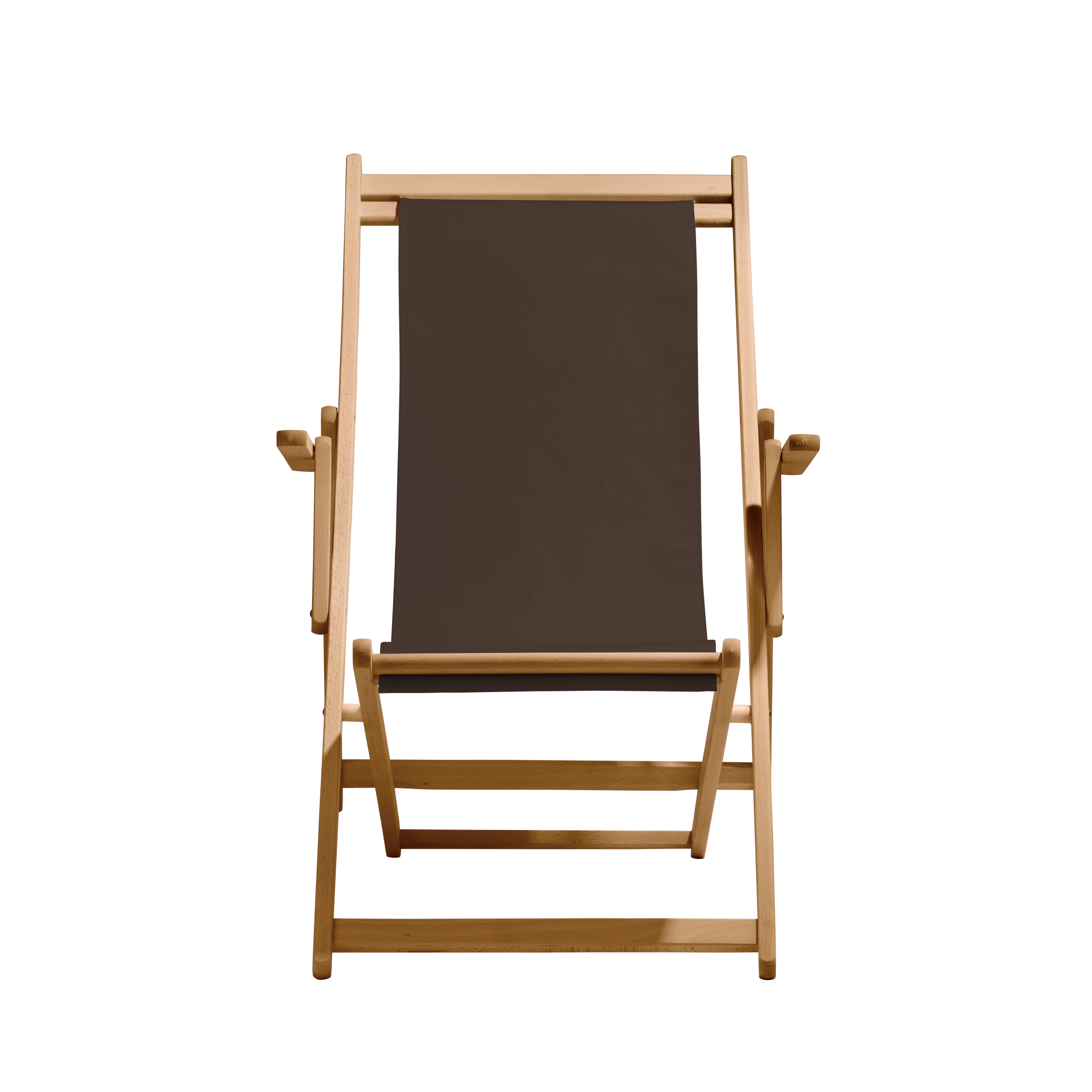 Liegestuhl Charly aus natur geöltem Buchenholz mit Bezug in caffé, Frontalansicht
#Classic | Liegefläche (Farbe)_caffé