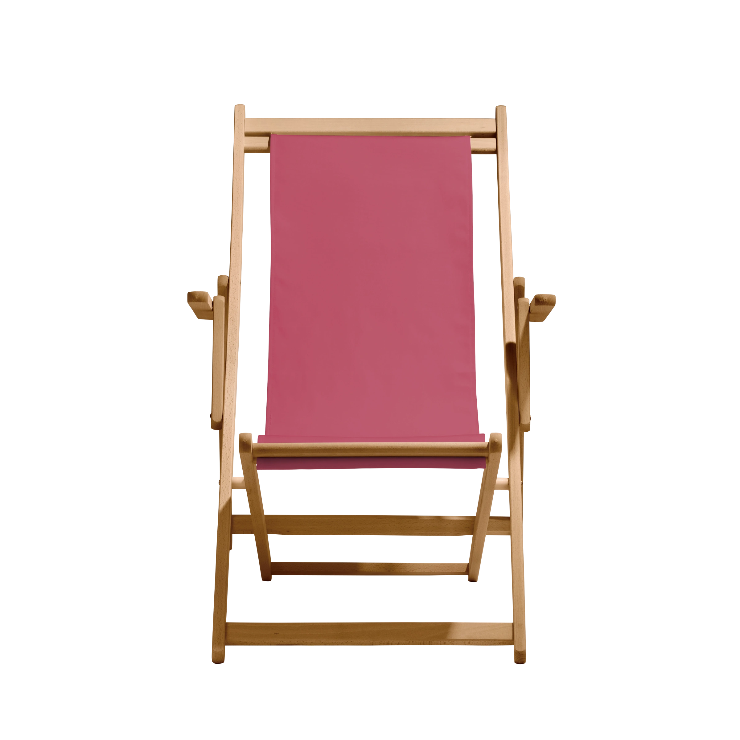 Liegestuhl Charly aus natur geöltem Buchenholz mit Bezug in fuchsia, Frontalansicht
#Classic | Liegefläche (Farbe)_fuchsia