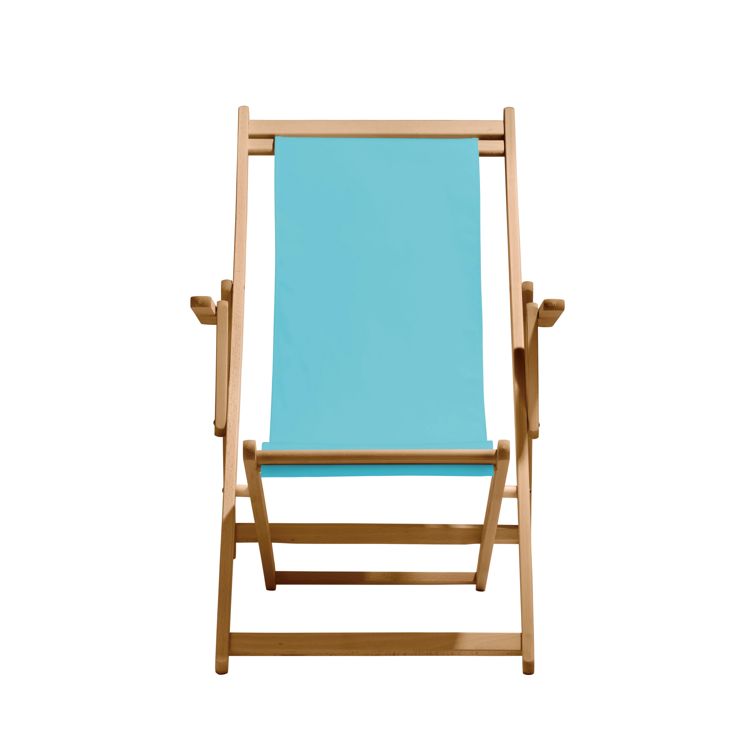 Liegestuhl Charly aus natur geöltem Buchenholz mit hellblauem Bezug, Frontalansicht
#Classic | Liegefläche (Farbe)_hellblau