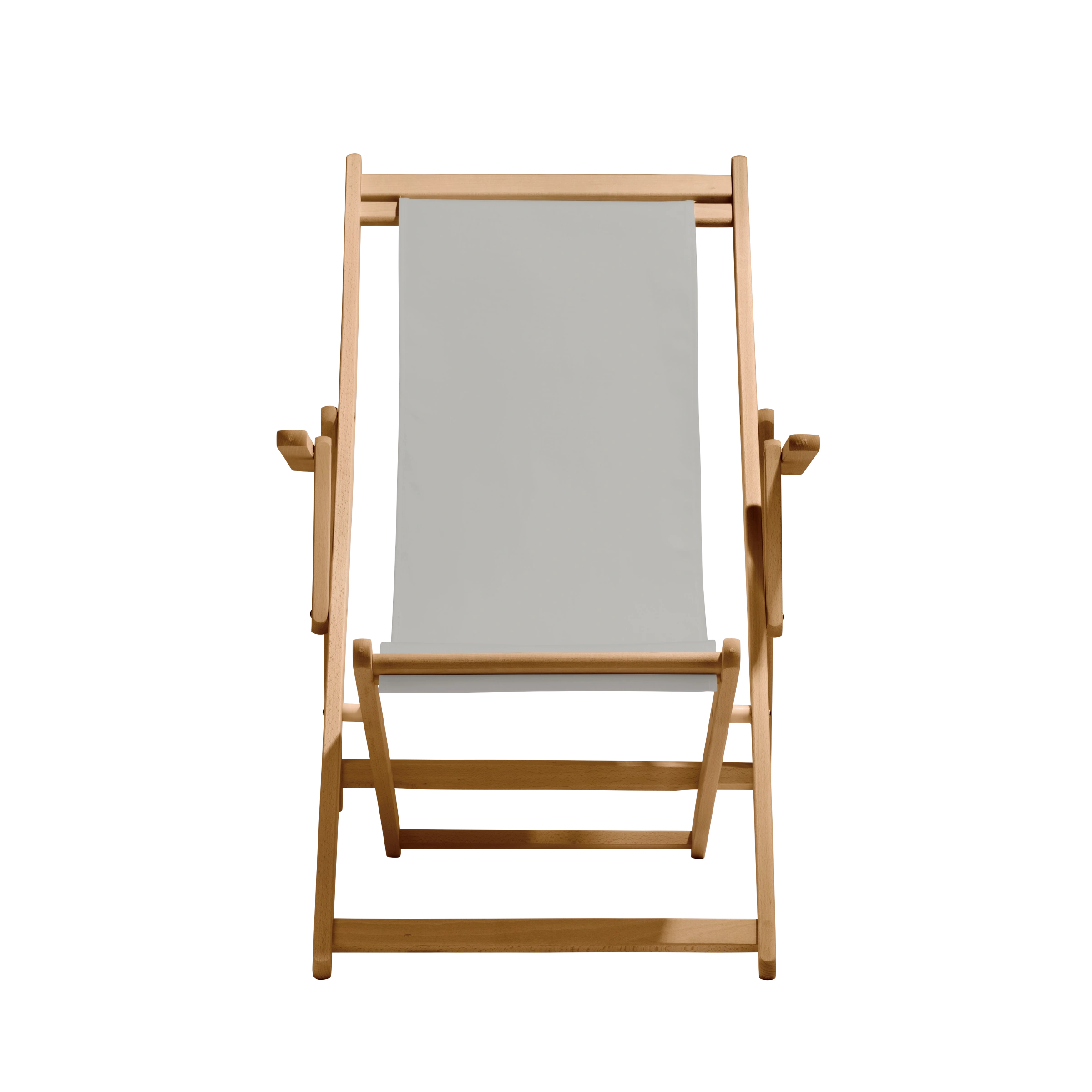 Liegestuhl Charly aus natur geöltem Buchenholz mit hellgrauem Bezug, Frontalansicht
#Classic | Liegefläche (Farbe)_hellgrau