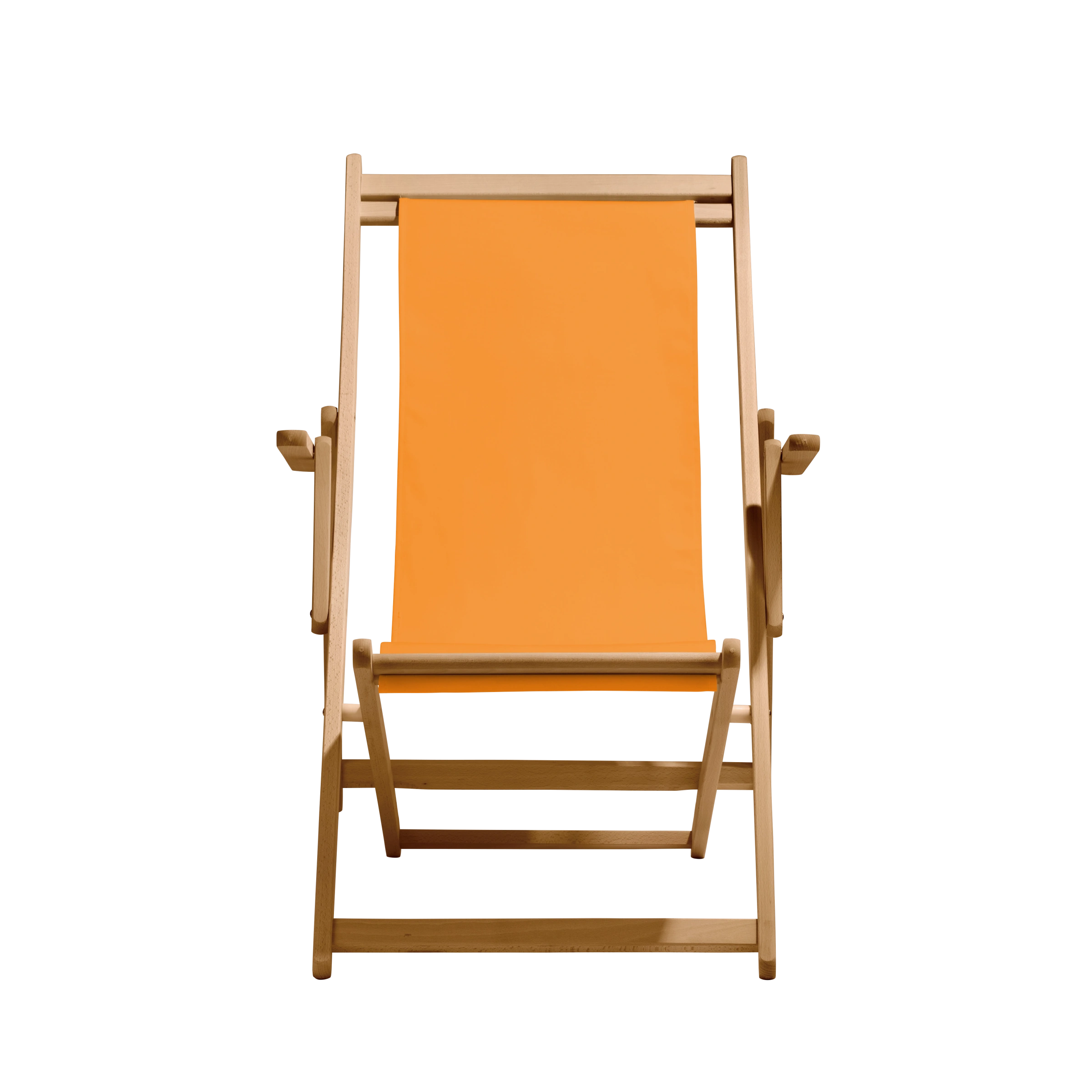 Liegestuhl Charly aus natur geöltem Buchenholz mit Bezug in mandarine, Frontalansicht
#Classic | Liegefläche (Farbe)_mandarine