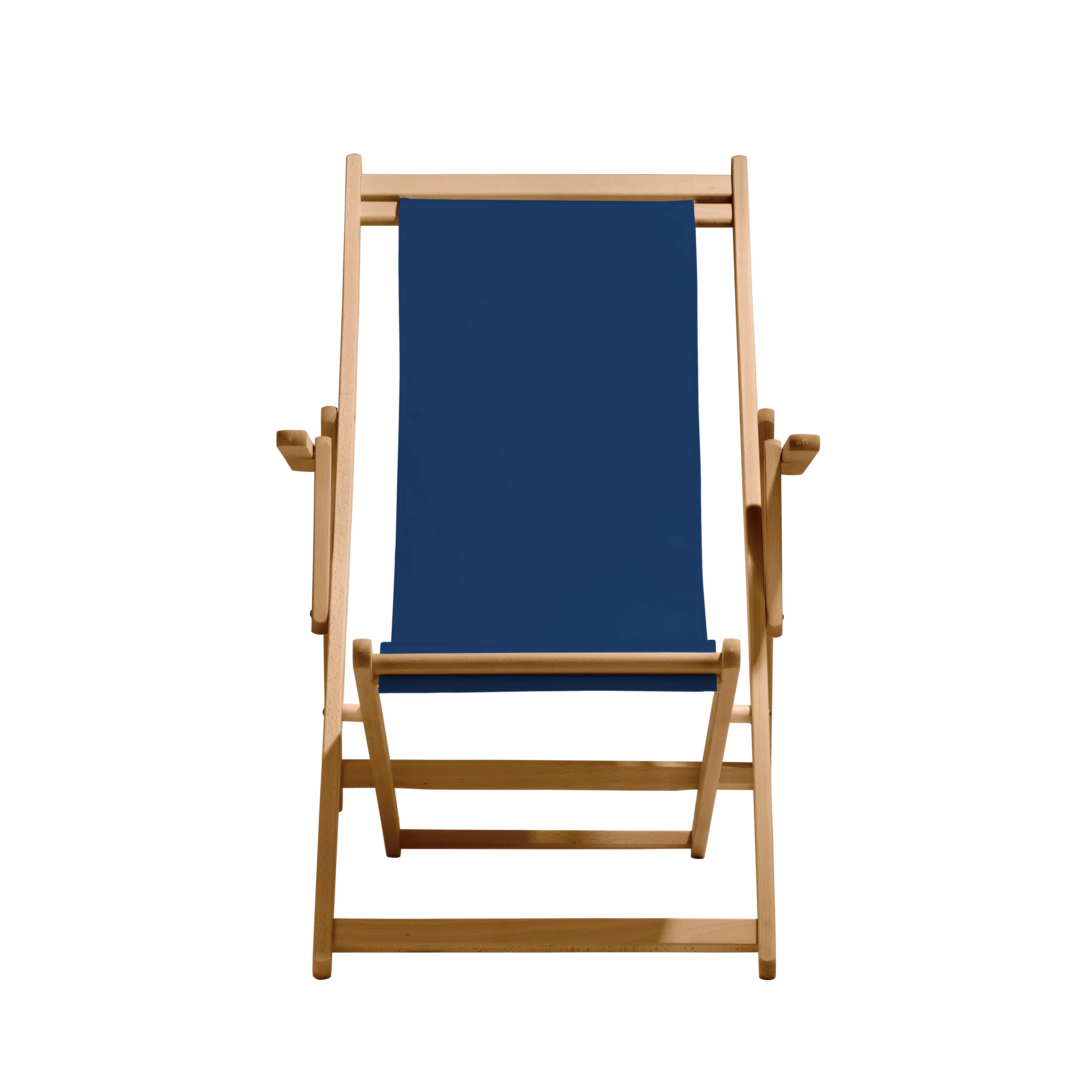 Liegestuhl Charly aus natur geöltem Buchenholz mit Bezug in marine, Frontalansicht
#Classic | Liegefläche (Farbe)_marine