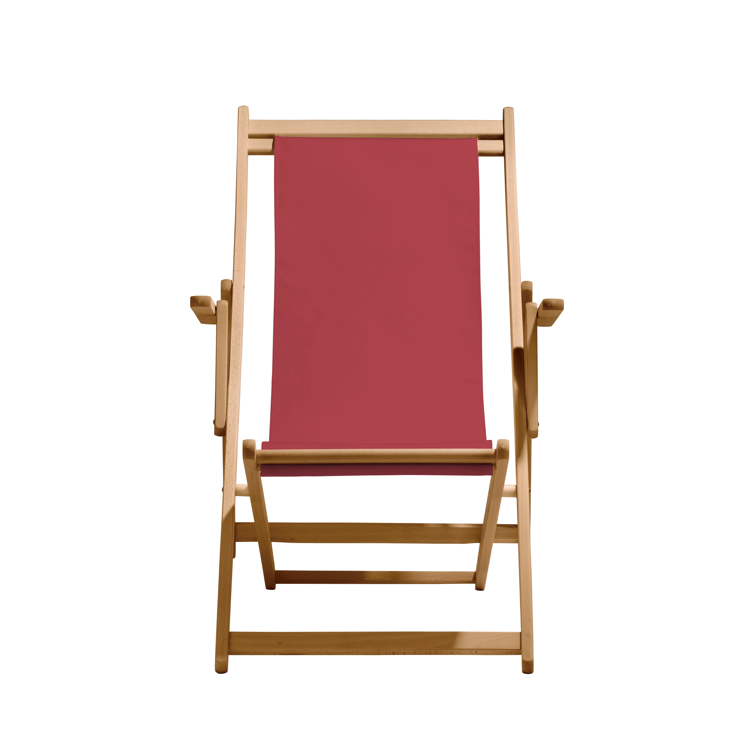 Liegestuhl Charly aus natur geöltem Buchenholz mit rotem Bezug, Frontalansicht
#Classic | Liegefläche (Farbe)_rot