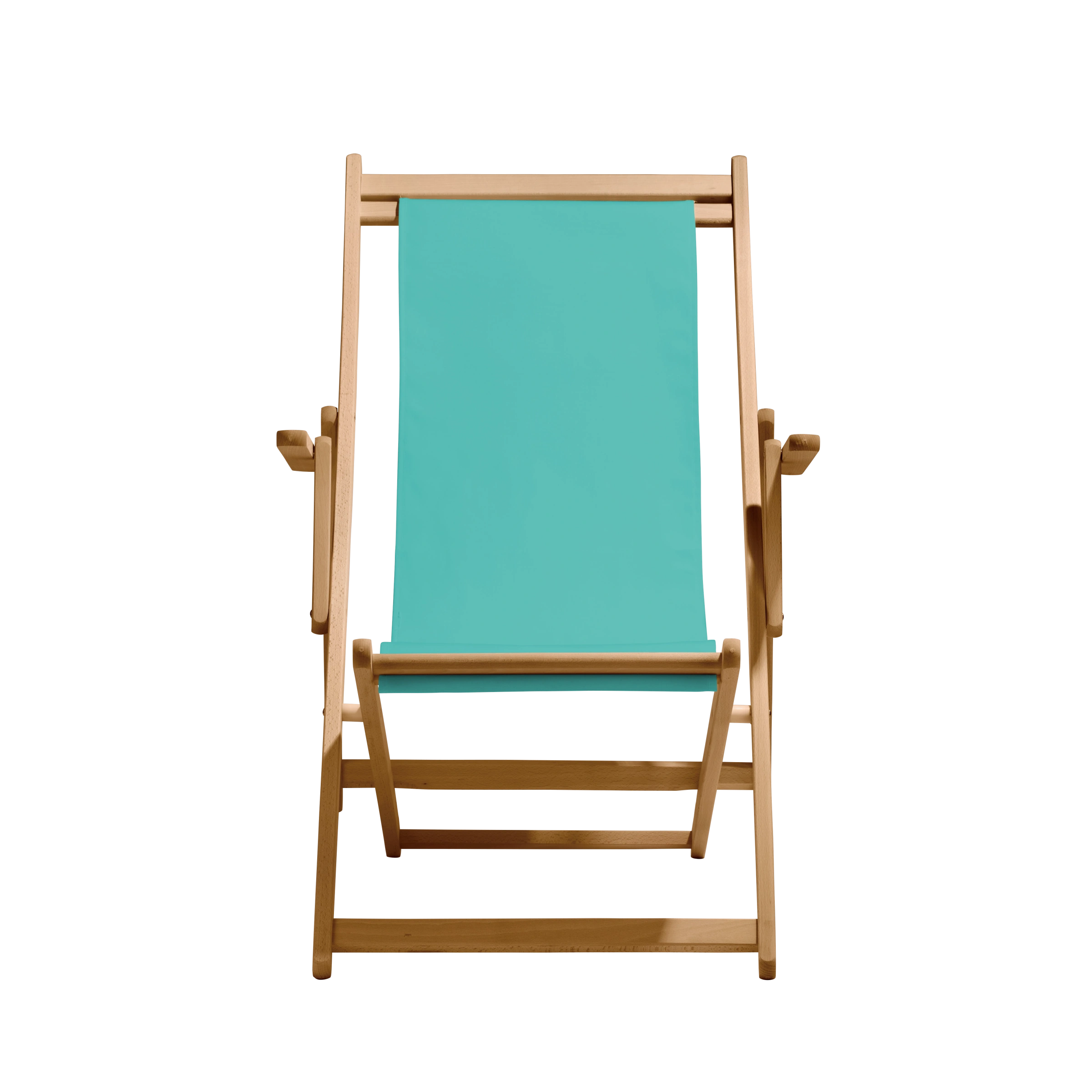 Liegestuhl Charly aus natur geöltem Buchenholz mit türkisem Bezug, Frontalansicht
#Classic | Liegefläche (Farbe)_türkis