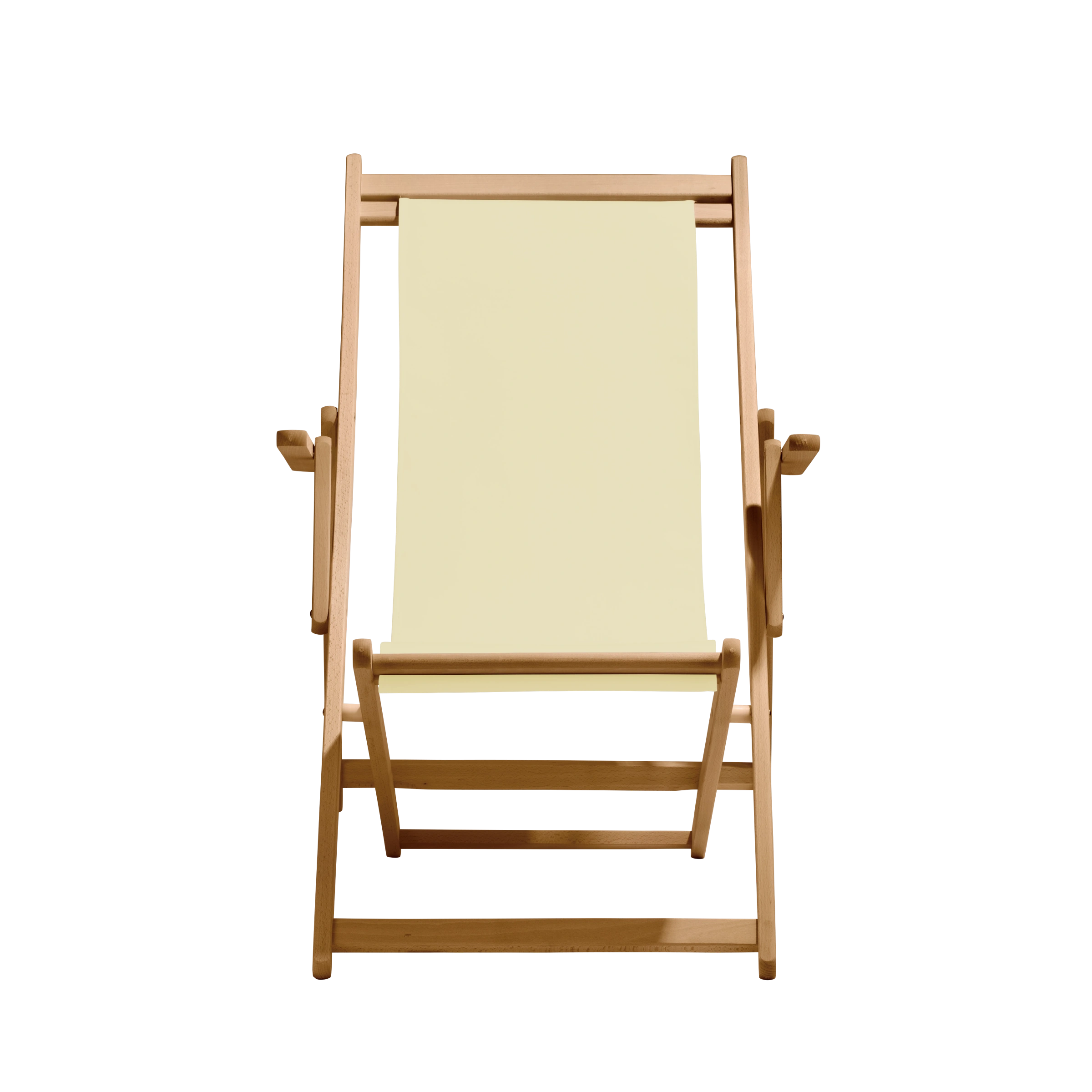 Liegestuhl Charly aus natur geöltem Buchenholz mit Bezug in vanille, Frontalansicht
#Classic | Liegefläche (Farbe)_vanille