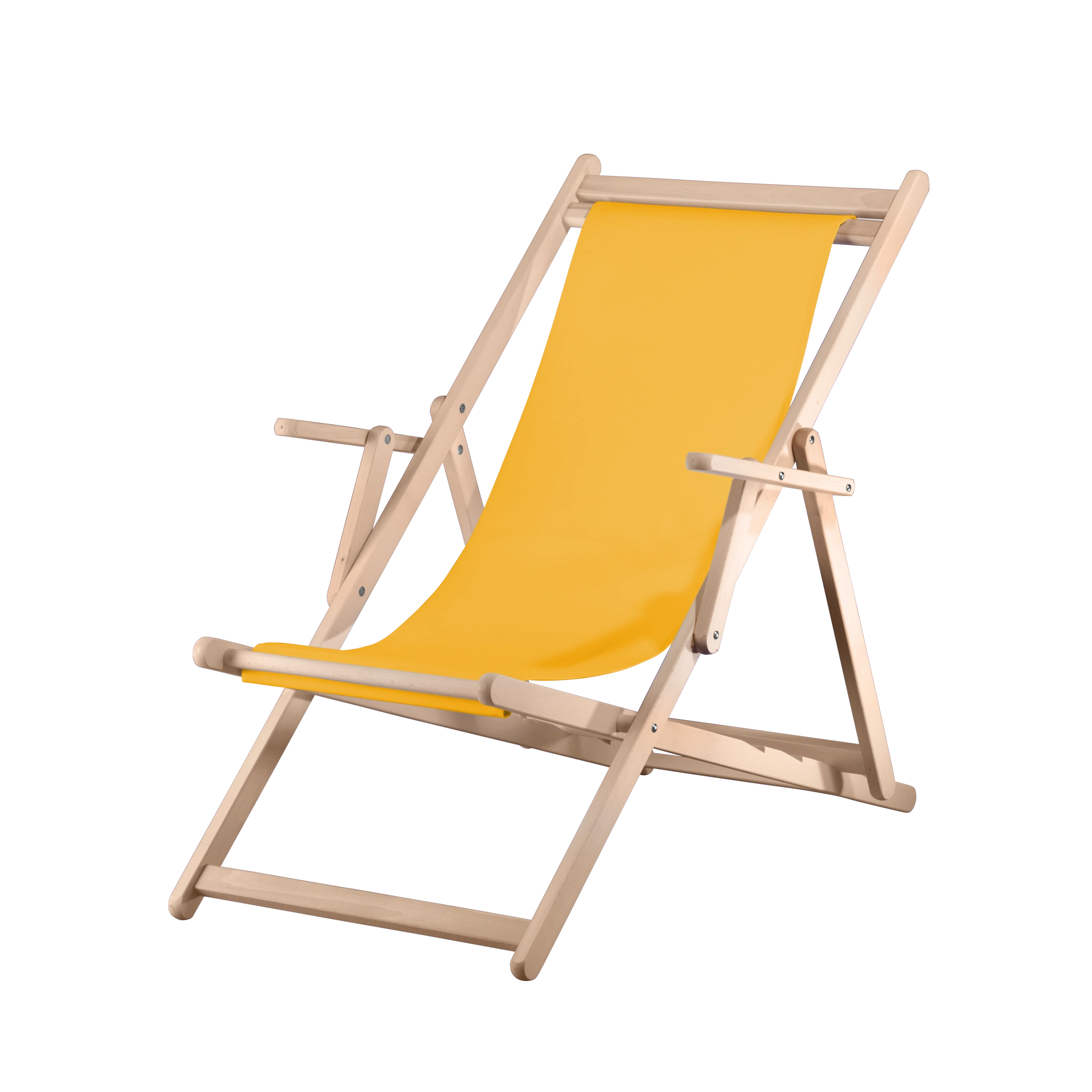 Liegestuhl Charly aus naturbelassenem Buchenholz mit gelbem Bezug, Seitenansicht
#Classic | Liegefläche (Farbe)_gelb