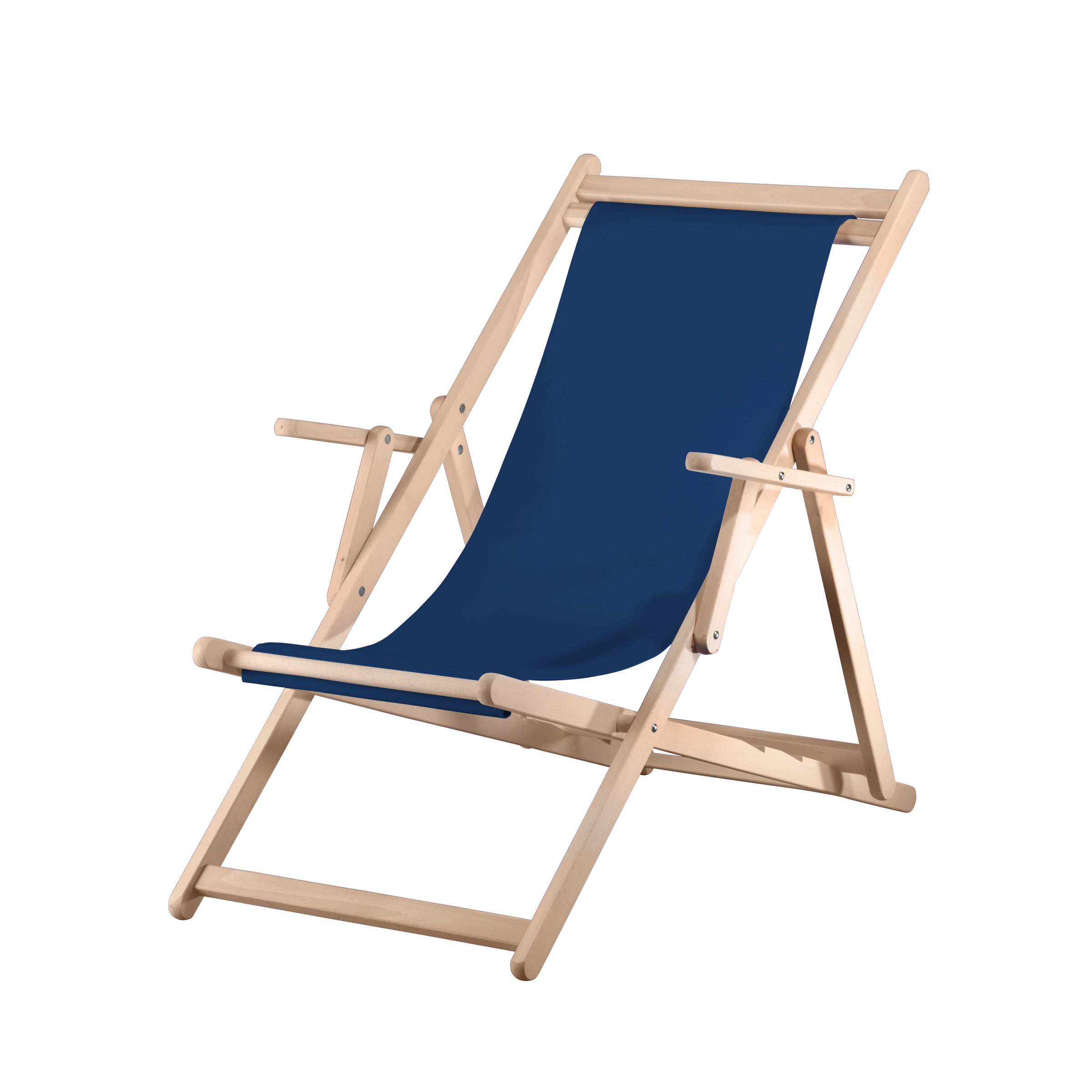 Liegestuhl Charly aus naturbelassenem Buchenholz mit Bezug in marine, Seitenansicht
#Classic | Liegefläche (Farbe)_marine