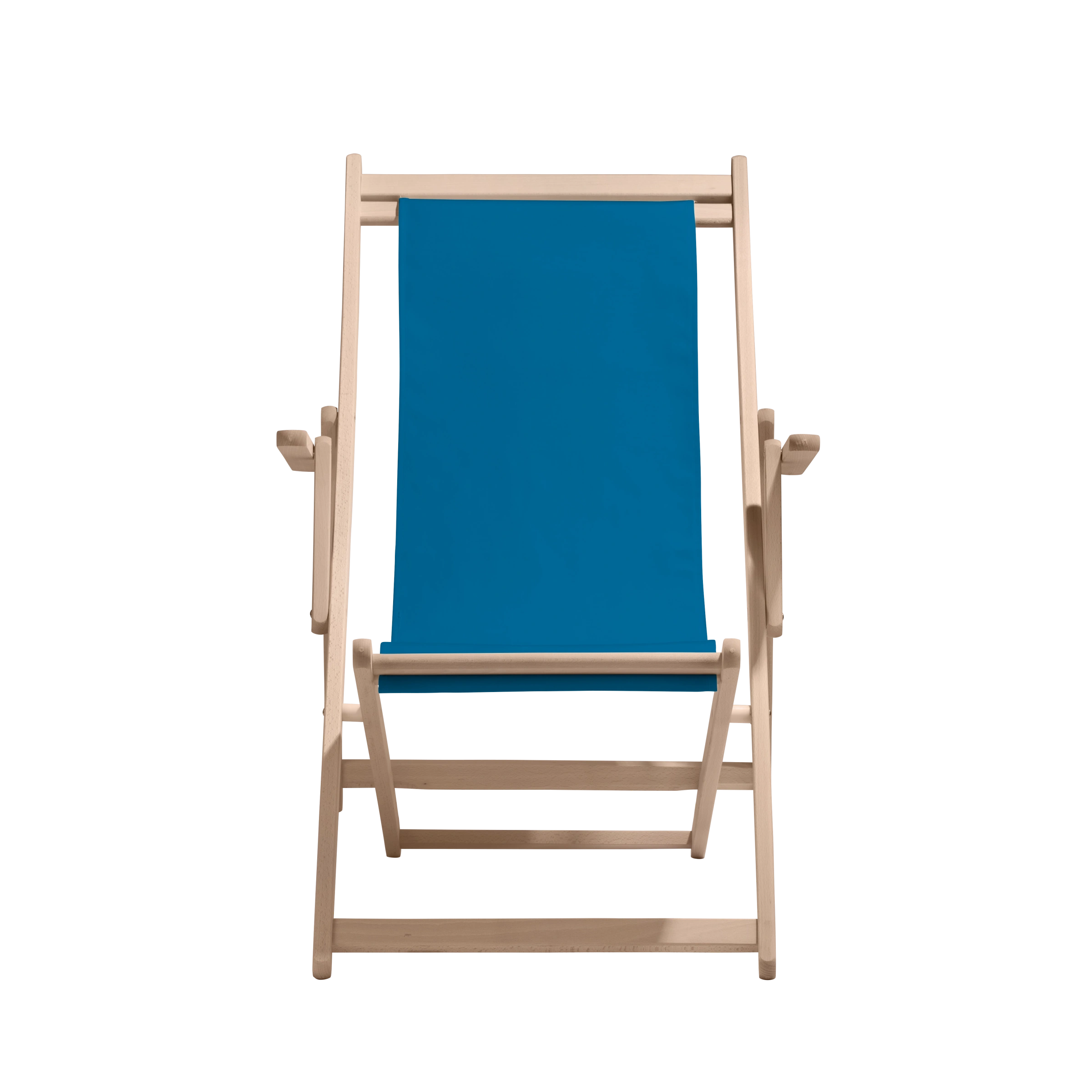 Liegestuhl Charly aus naturbelassenem Buchenholz mit blauem Bezug, Frontalansicht
#Classic | Liegefläche (Farbe)_blau