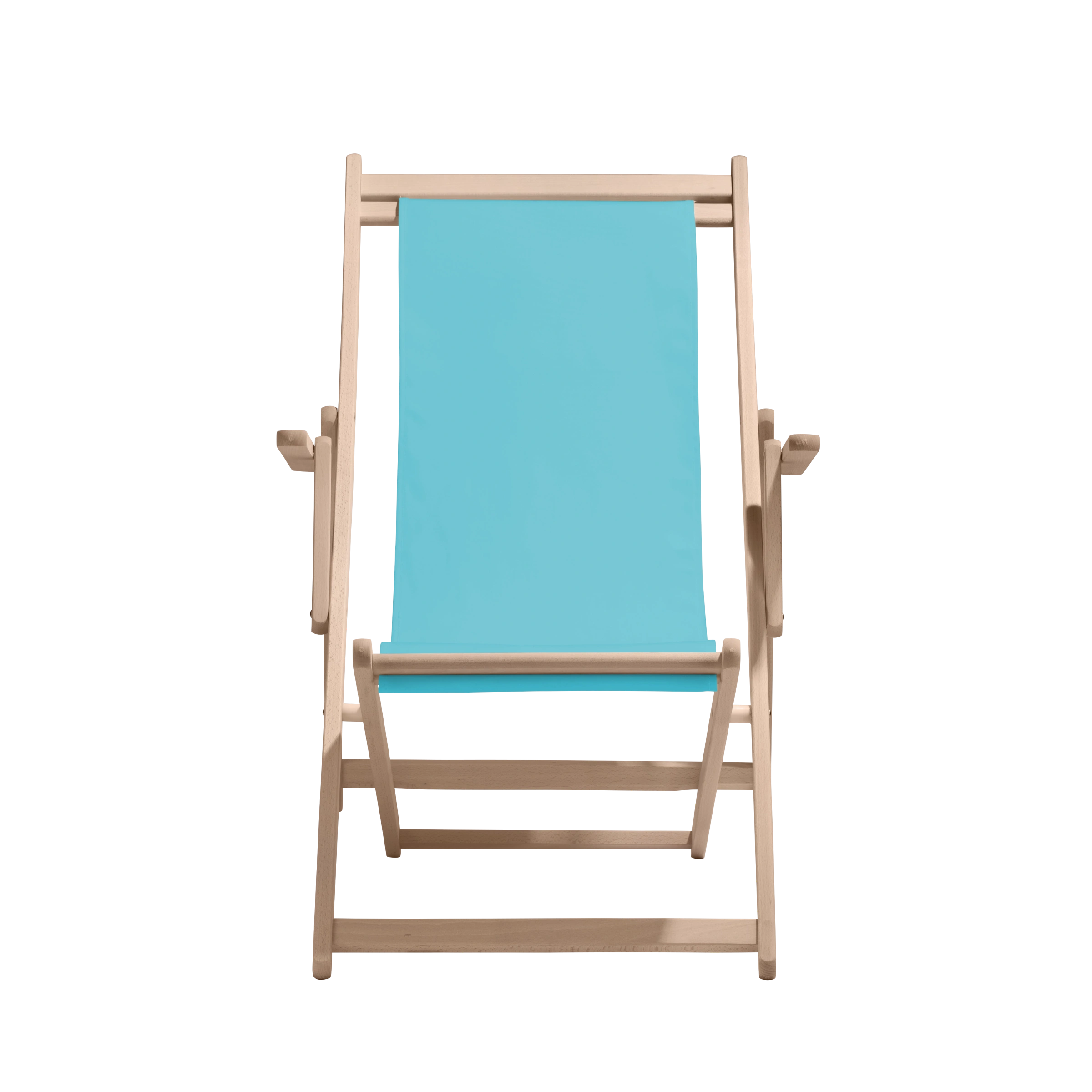 Liegestuhl Charly aus naturbelassenem Buchenholz mit hellblauem Bezug, Frontalansicht
#Classic | Liegefläche (Farbe)_hellblau