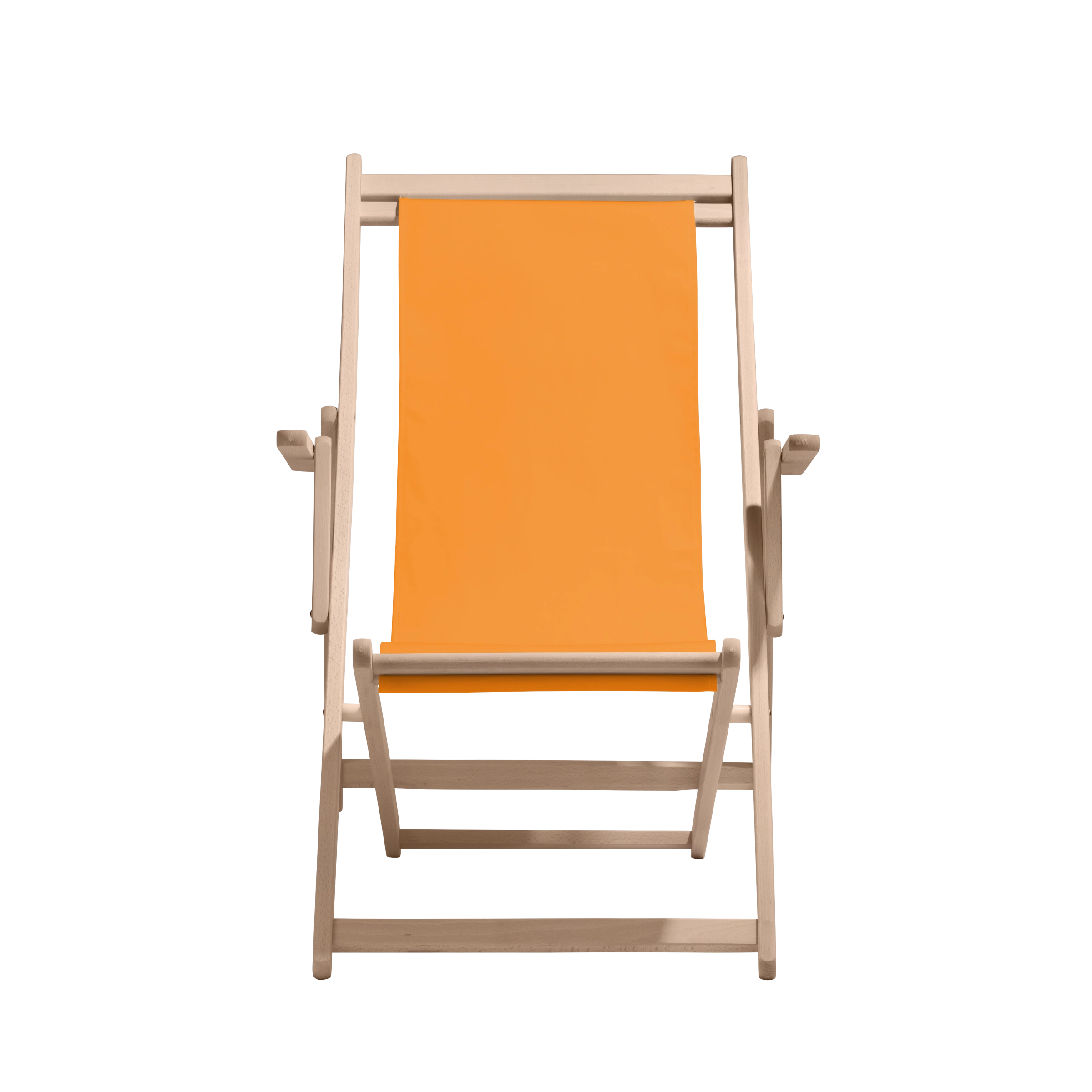 Liegestuhl Charly aus naturbelassenem Buchenholz mit Bezug in mandarine, Frontalansicht
#Classic | Liegefläche (Farbe)_mandarine