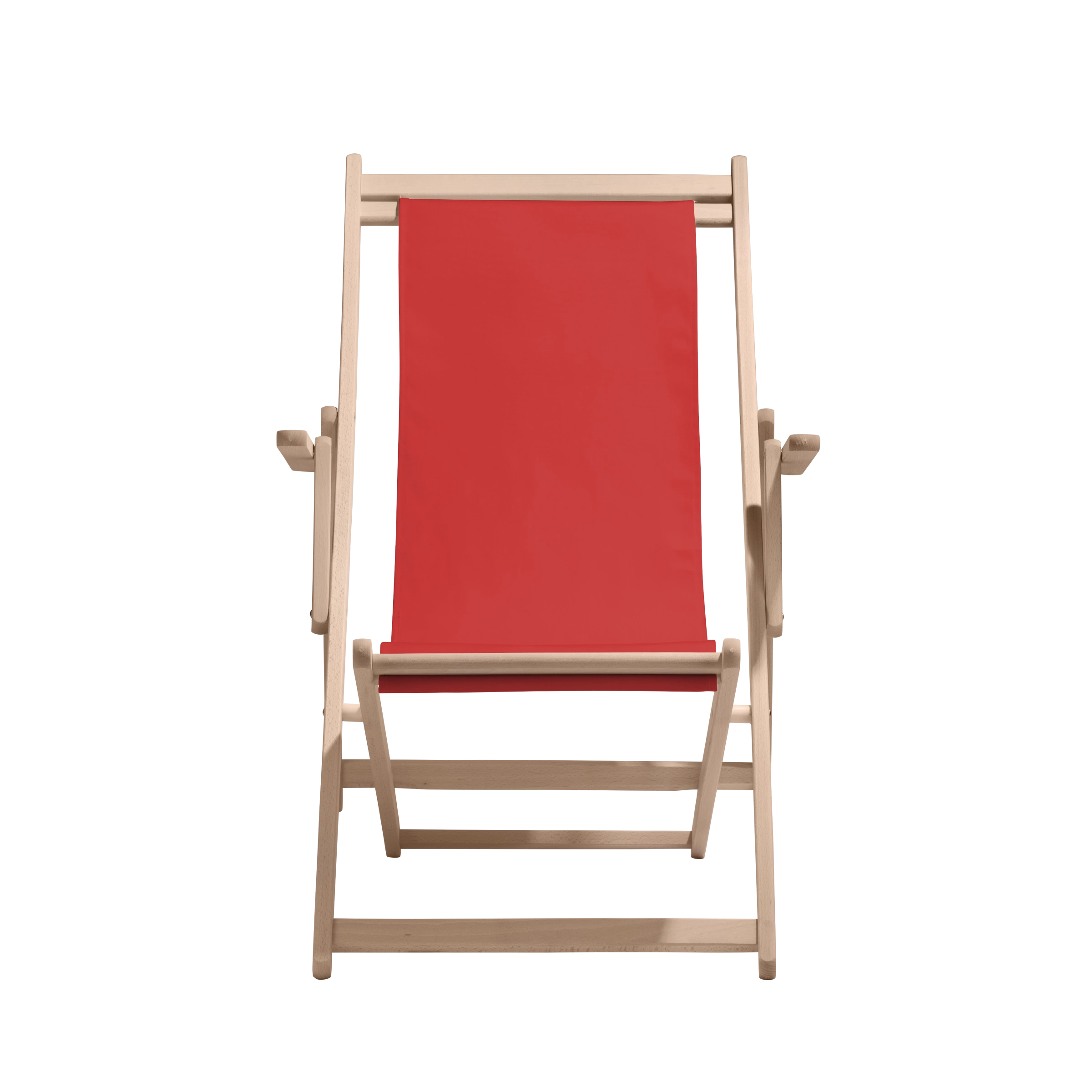 Liegestuhl Charly aus naturbelassenem Buchenholz mit Bezug in rivarot, Frontalansicht
#Classic | Liegefläche (Farbe)_rivarot