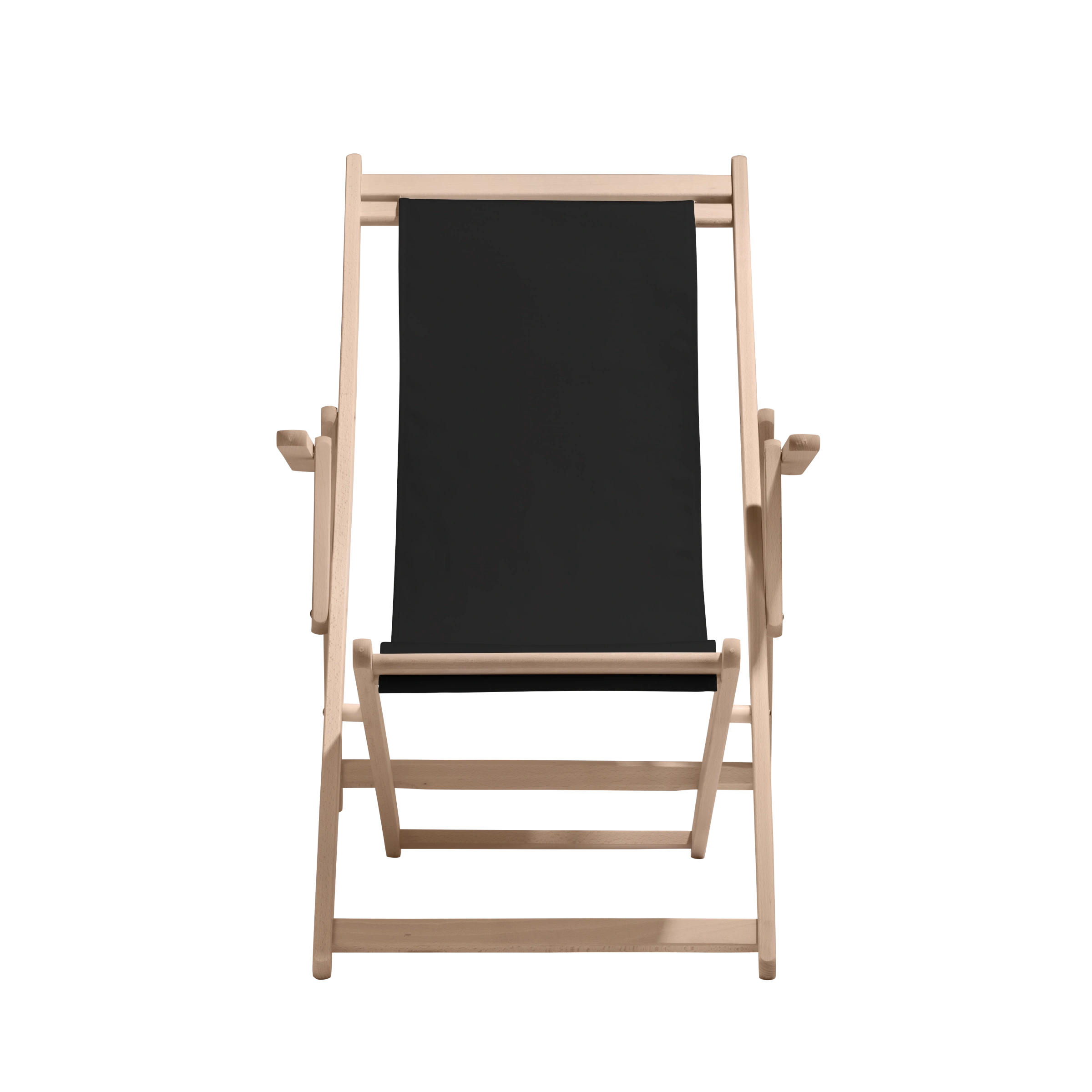 Liegestuhl Charly aus naturbelassenem Buchenholz mit schwarzem Bezug, Frontalansicht
#Classic | Liegefläche (Farbe)_schwarz