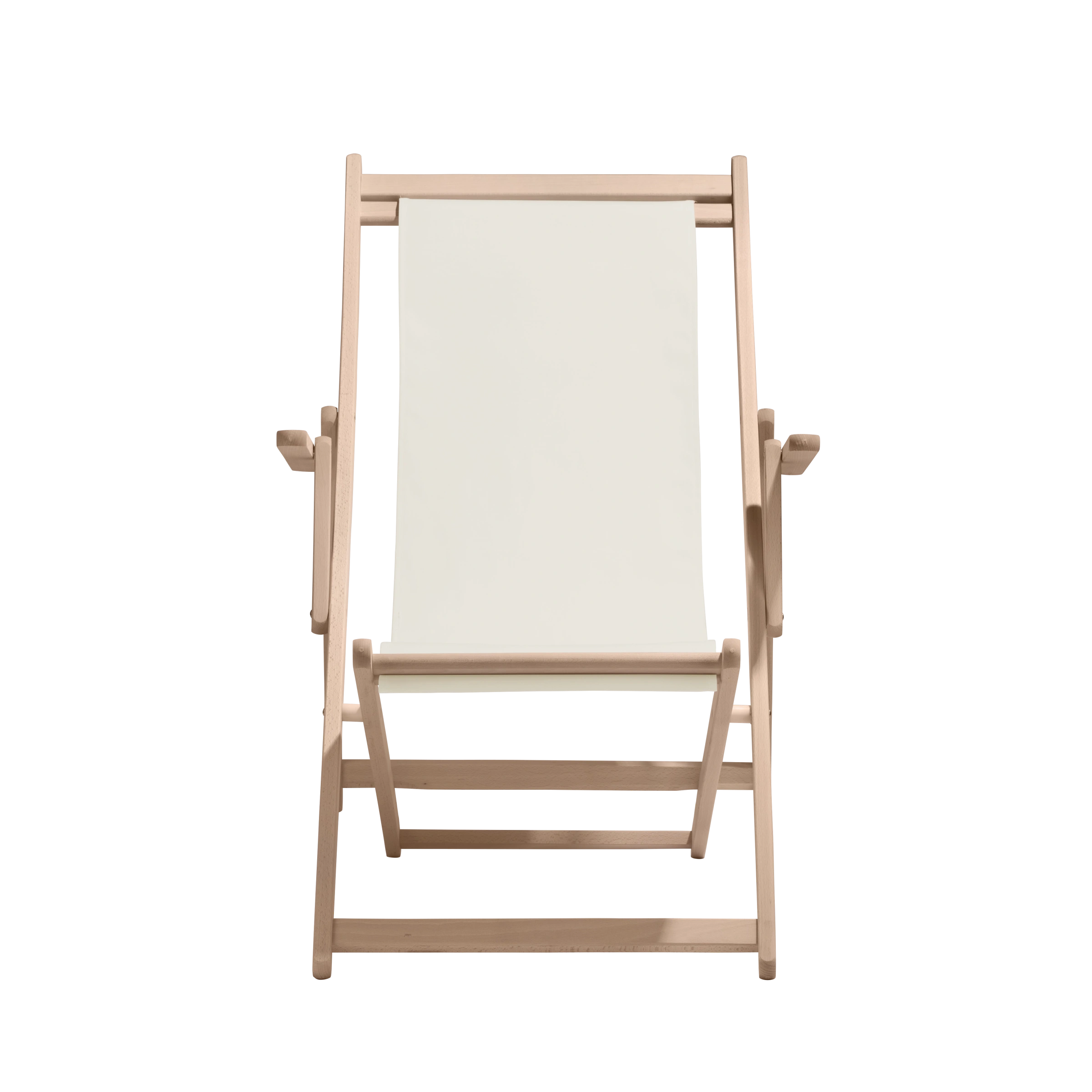 Liegestuhl Charly aus naturbelassenem Buchenholz mit weißem Bezug, Frontalansicht
#Classic | Liegefläche (Farbe)_weiß