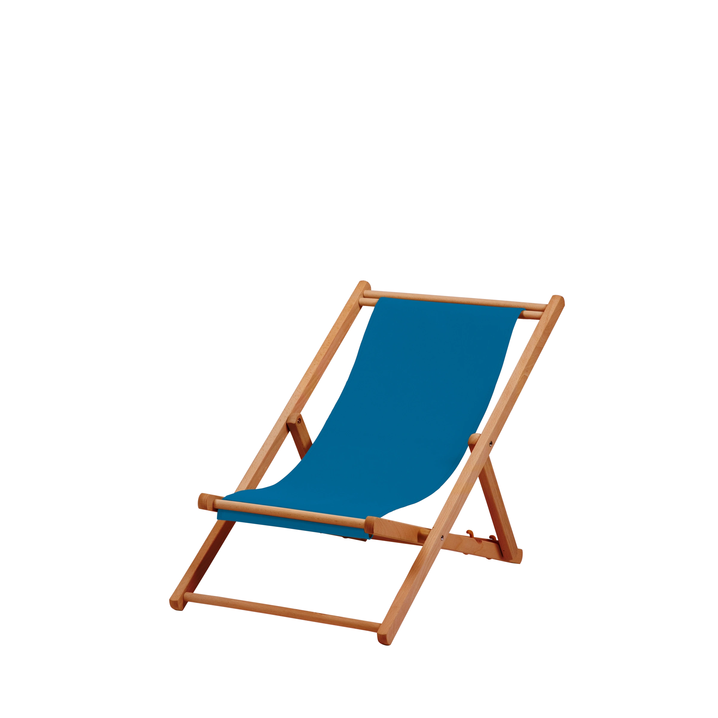 Liegestuhl Greta aus brandy geöltem Buchenholz mit blauem Bezug, Seitenansicht
#Mini | Liegefläche (Farbe)_blau