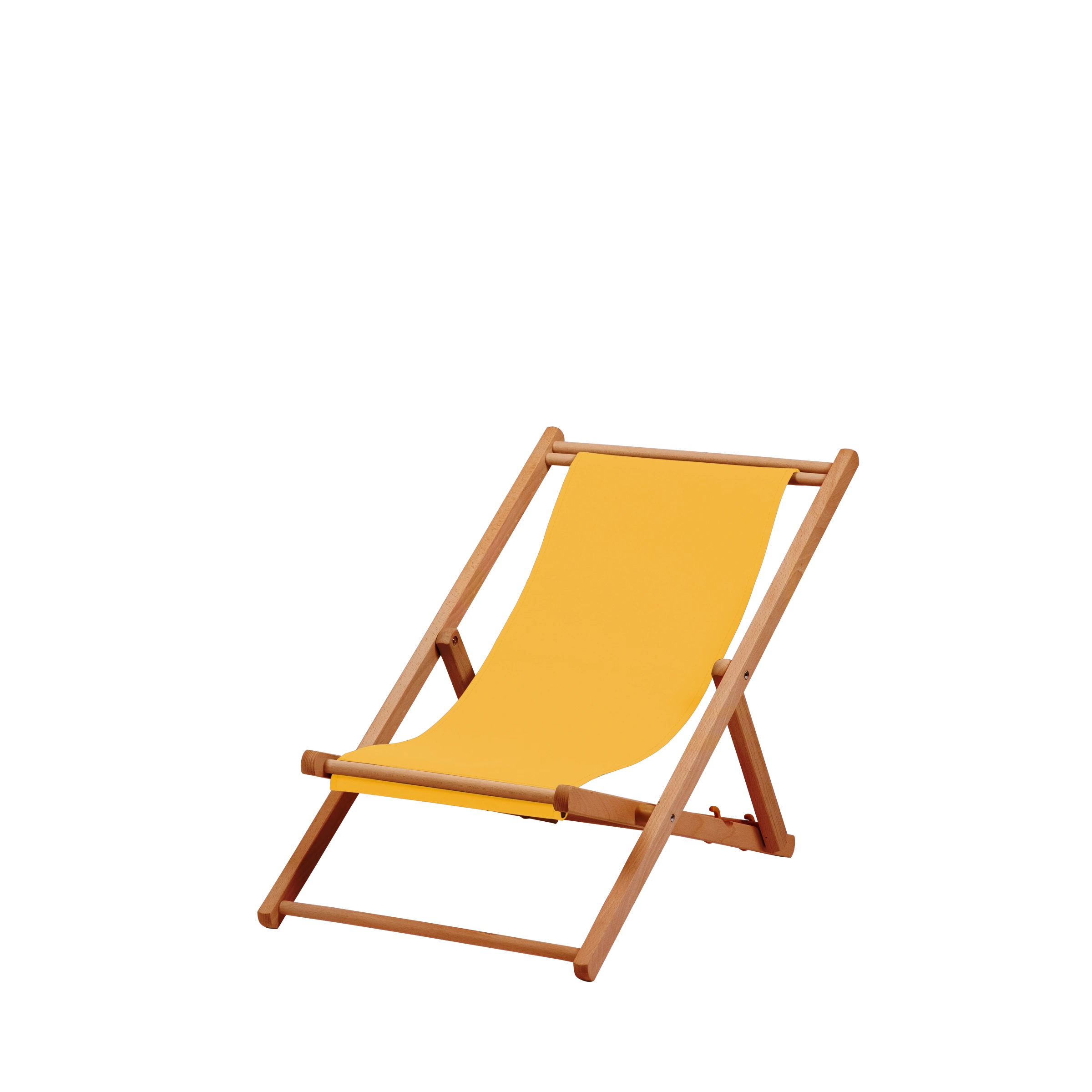 Liegestuhl Greta aus brandy geöltem Buchenholz mit gelbem Bezug, Seitenansicht
#Mini | Liegefläche (Farbe)_gelb