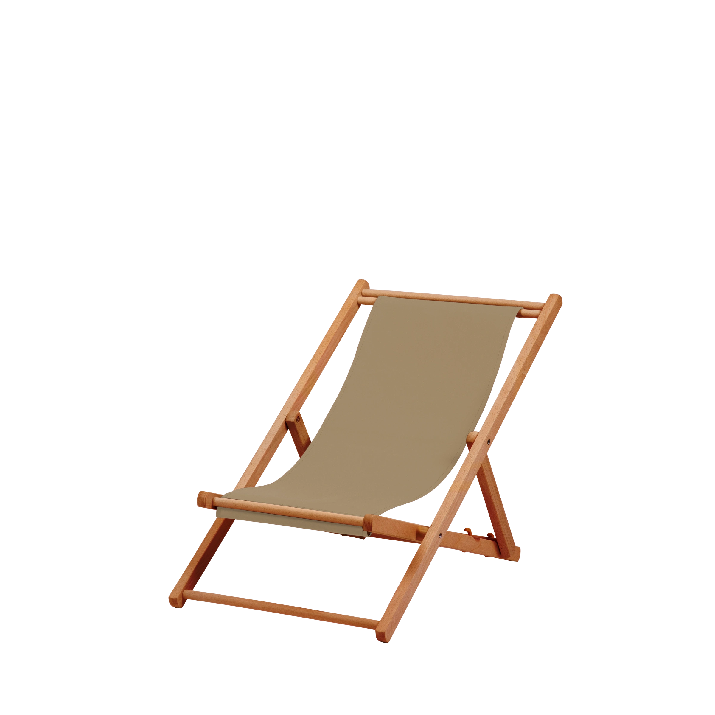 Liegestuhl Greta aus brandy geöltem Buchenholz mit Bezug in grau-beige, Seitenansicht
#Mini | Liegefläche (Farbe)_grau-beige