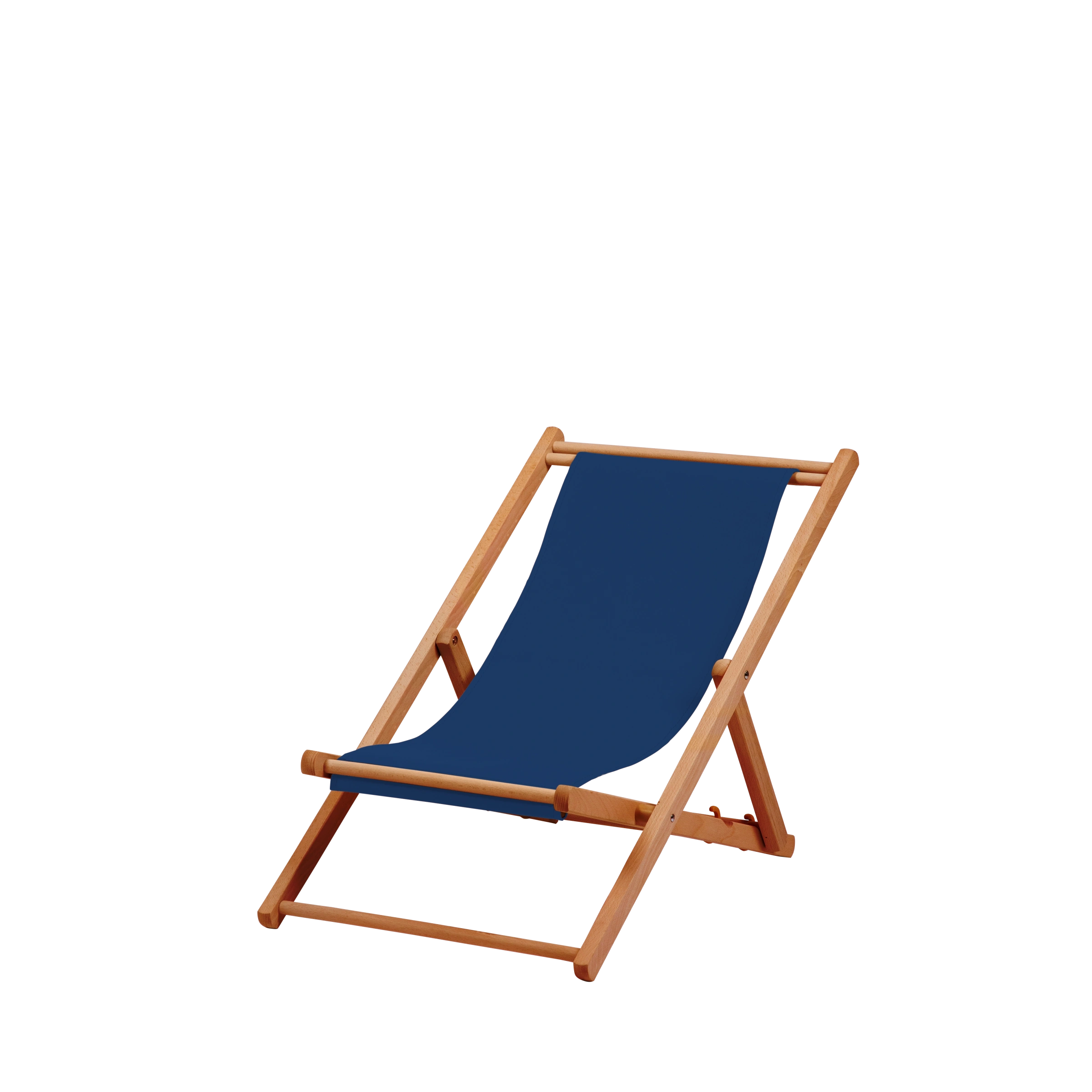 Liegestuhl Greta aus brandy geöltem Buchenholz mit Bezug in marine, Seitenansicht
#Mini | Liegefläche (Farbe)_marine