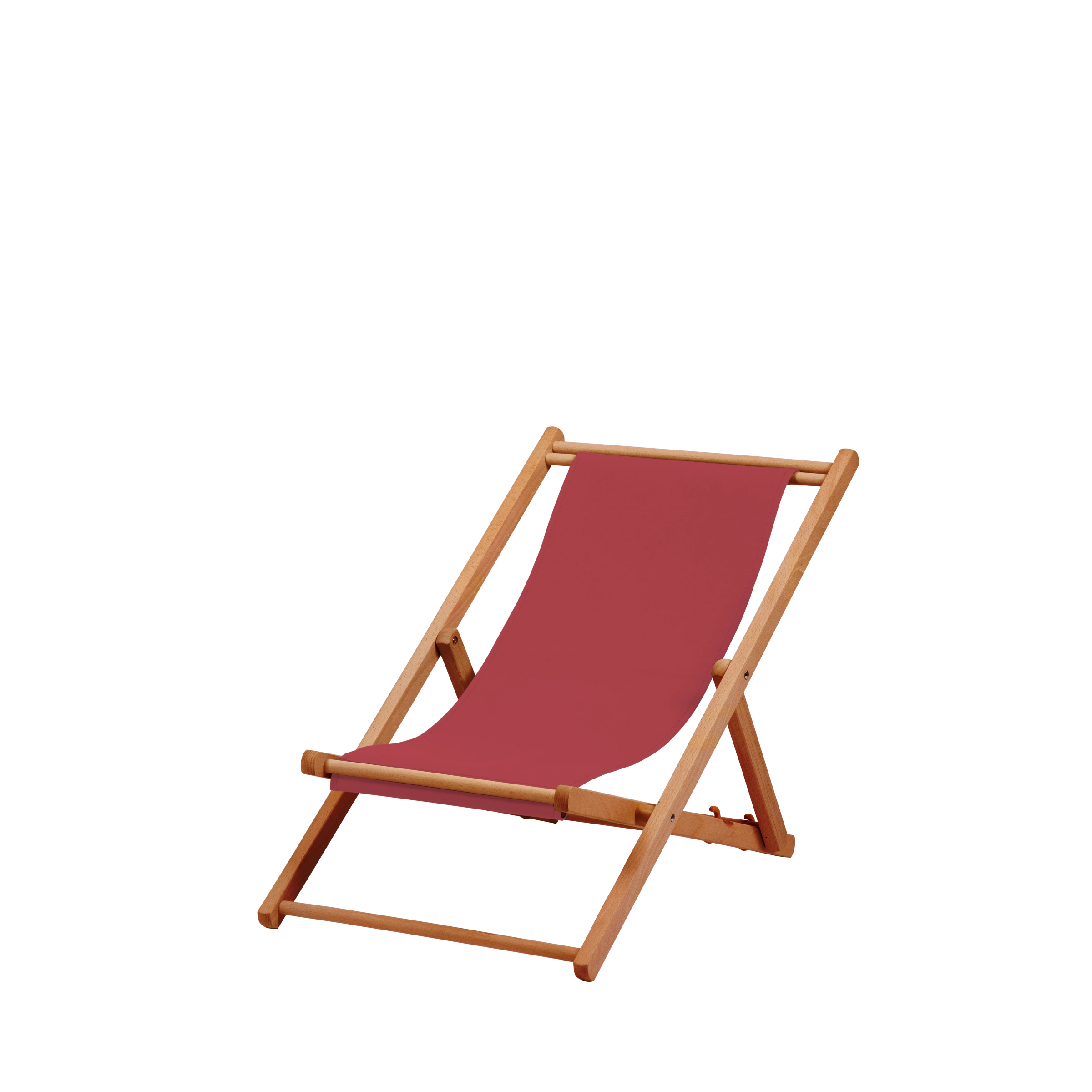 Liegestuhl Greta aus brandy geöltem Buchenholz mit rotem Bezug, Seitenansicht
#Mini | Liegefläche (Farbe)_rot