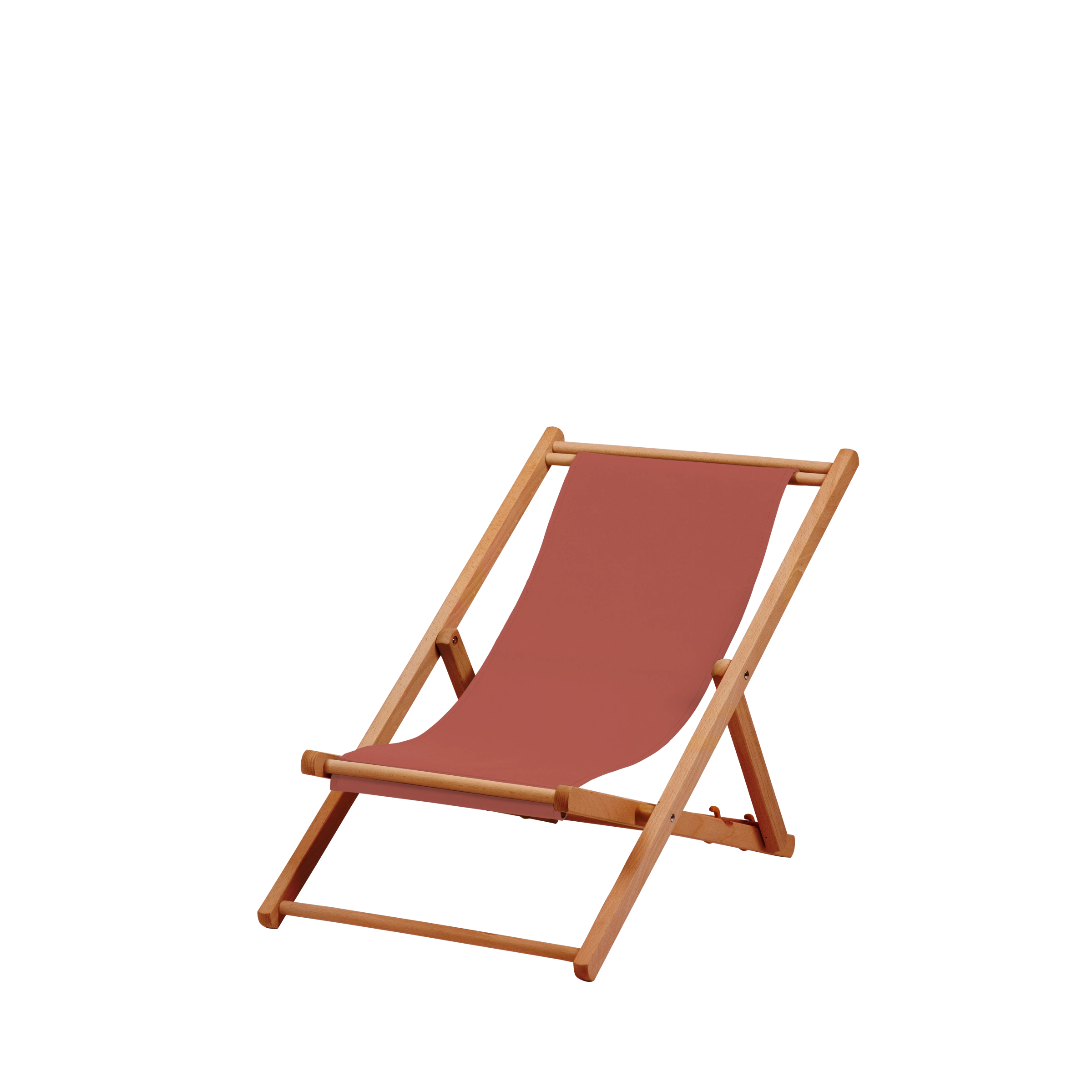 Liegestuhl Greta aus brandy geöltem Buchenholz mit Bezug in terracotta, Seitenansicht
#Mini | Liegefläche (Farbe)_terracotta