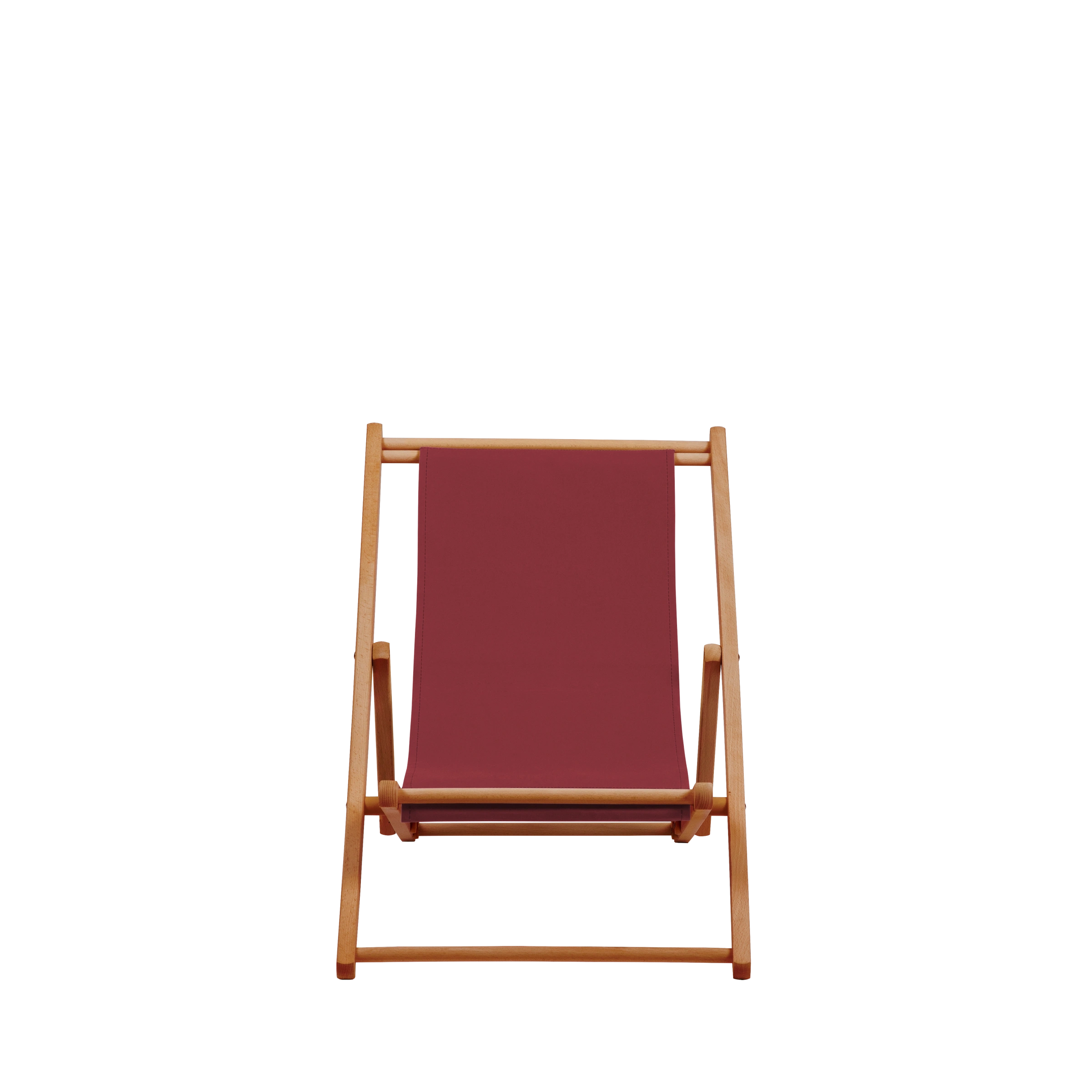 Liegestuhl Greta aus brandy geöltem Buchenholz mit Bezug in bordeaux, Frontalansicht
#Mini | Liegefläche (Farbe)_bordeaux