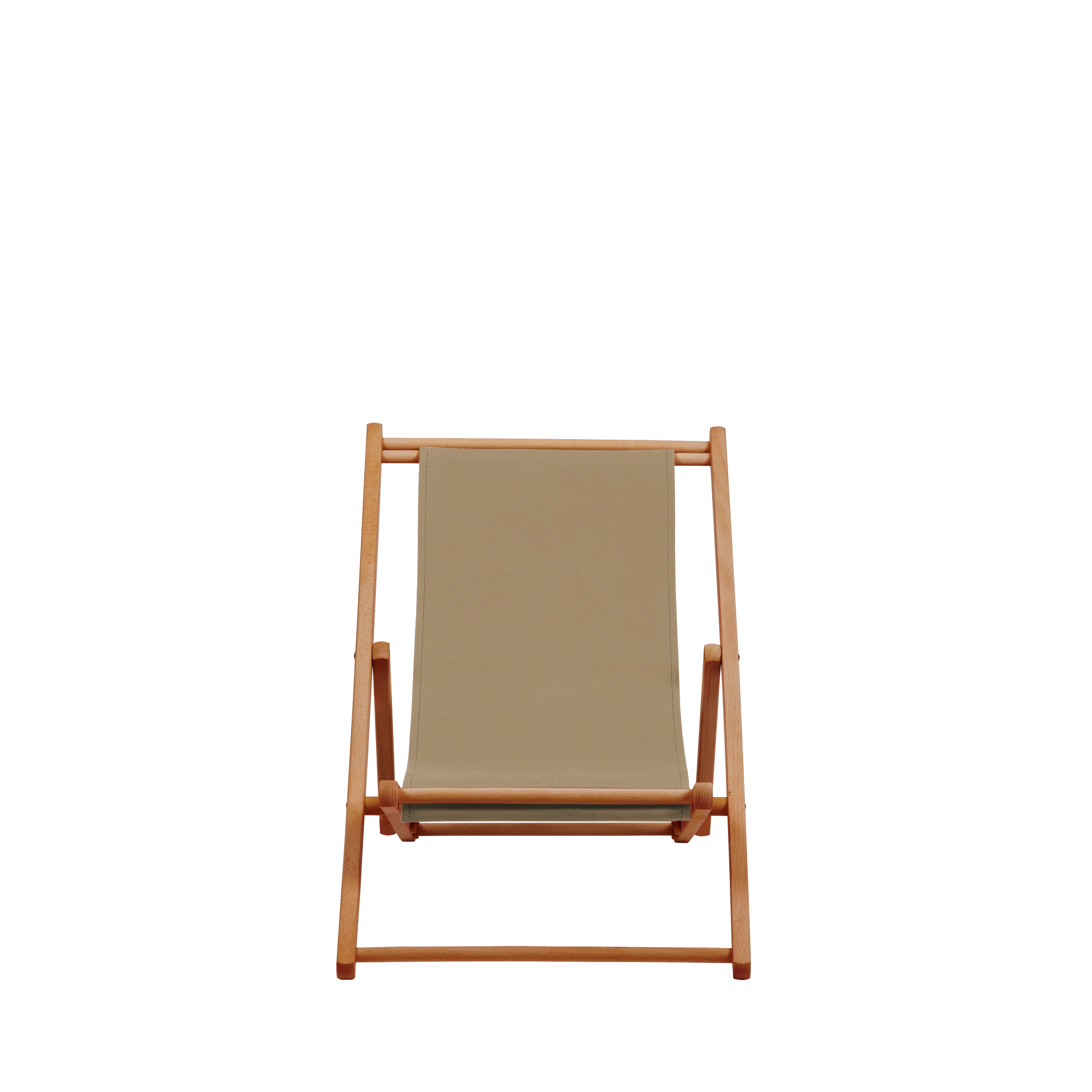 Liegestuhl Greta aus brandy geöltem Buchenholz mit Bezug in grau-beige, Frontalansicht
#Mini | Liegefläche (Farbe)_grau-beige