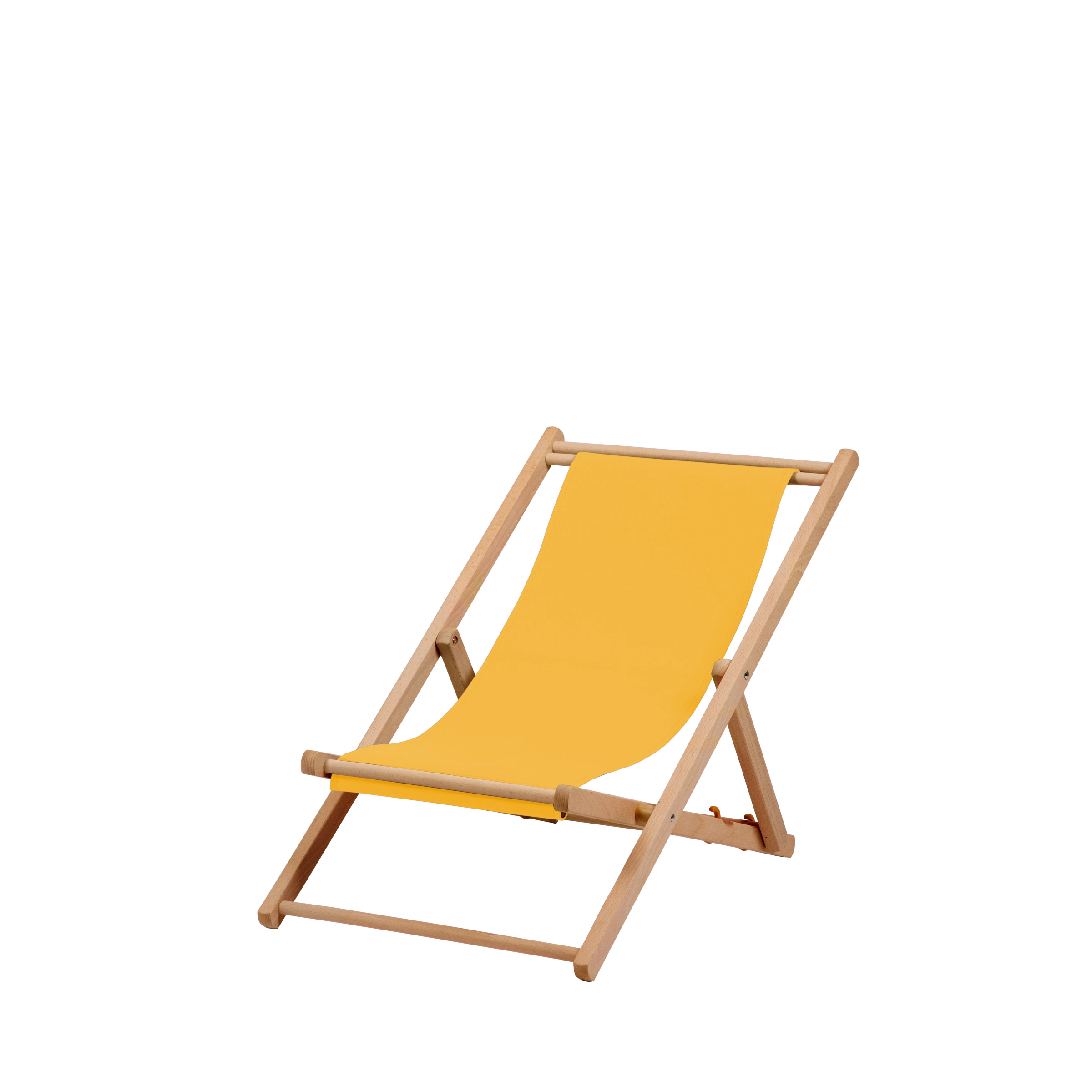 Liegestuhl Greta aus natur geöltem Buchenholz mit gelbem Bezug, Seitenansicht
#Mini | Liegefläche (Farbe)_gelb