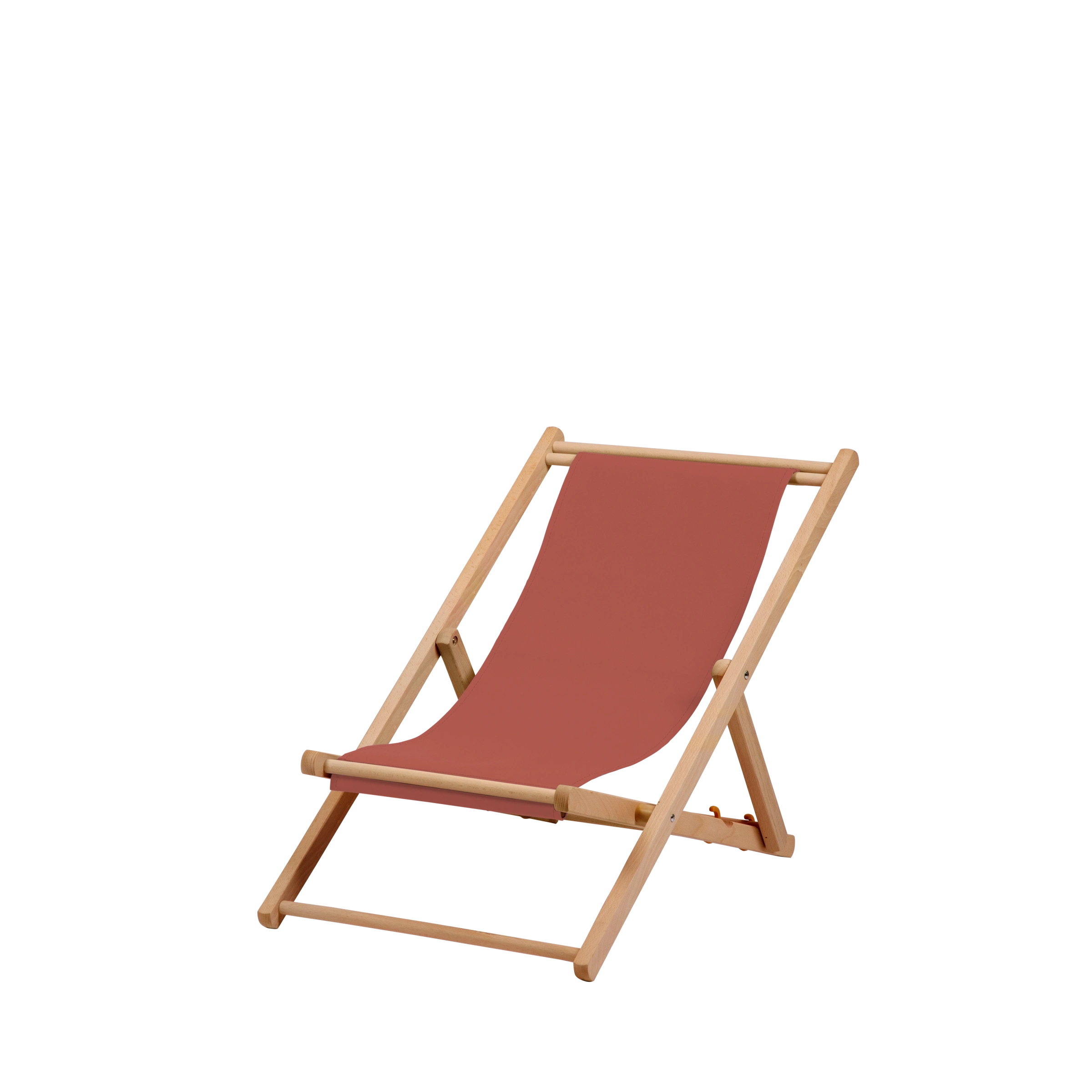 Liegestuhl Greta aus natur geöltem Buchenholz mit Bezug in terracotta, Seitenansicht
#Mini | Liegefläche (Farbe)_terracotta