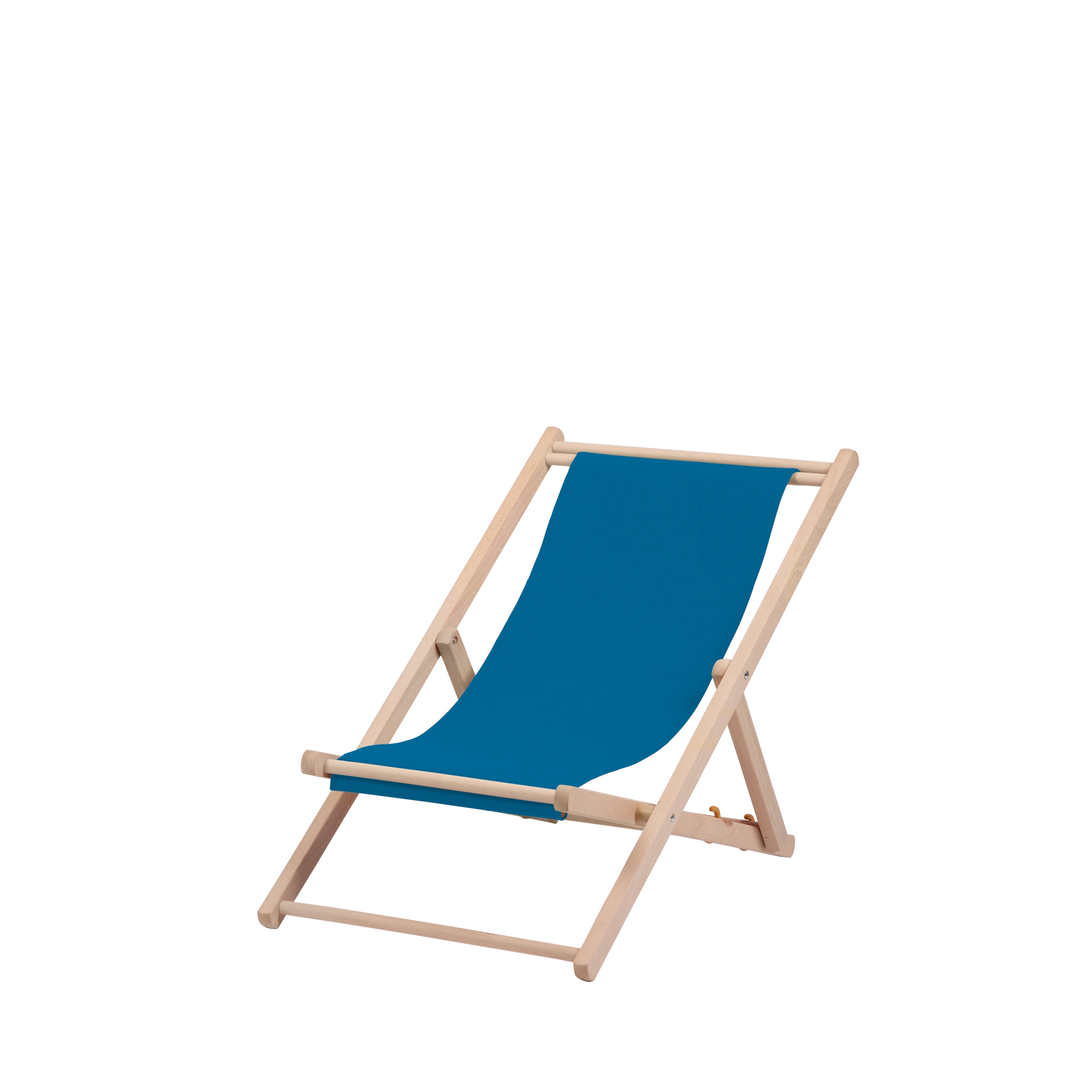 Liegestuhl Greta aus naturbelassenem Buchenholz mit blauem Bezug, Seitenansicht
#Mini | Liegefläche (Farbe)_blau