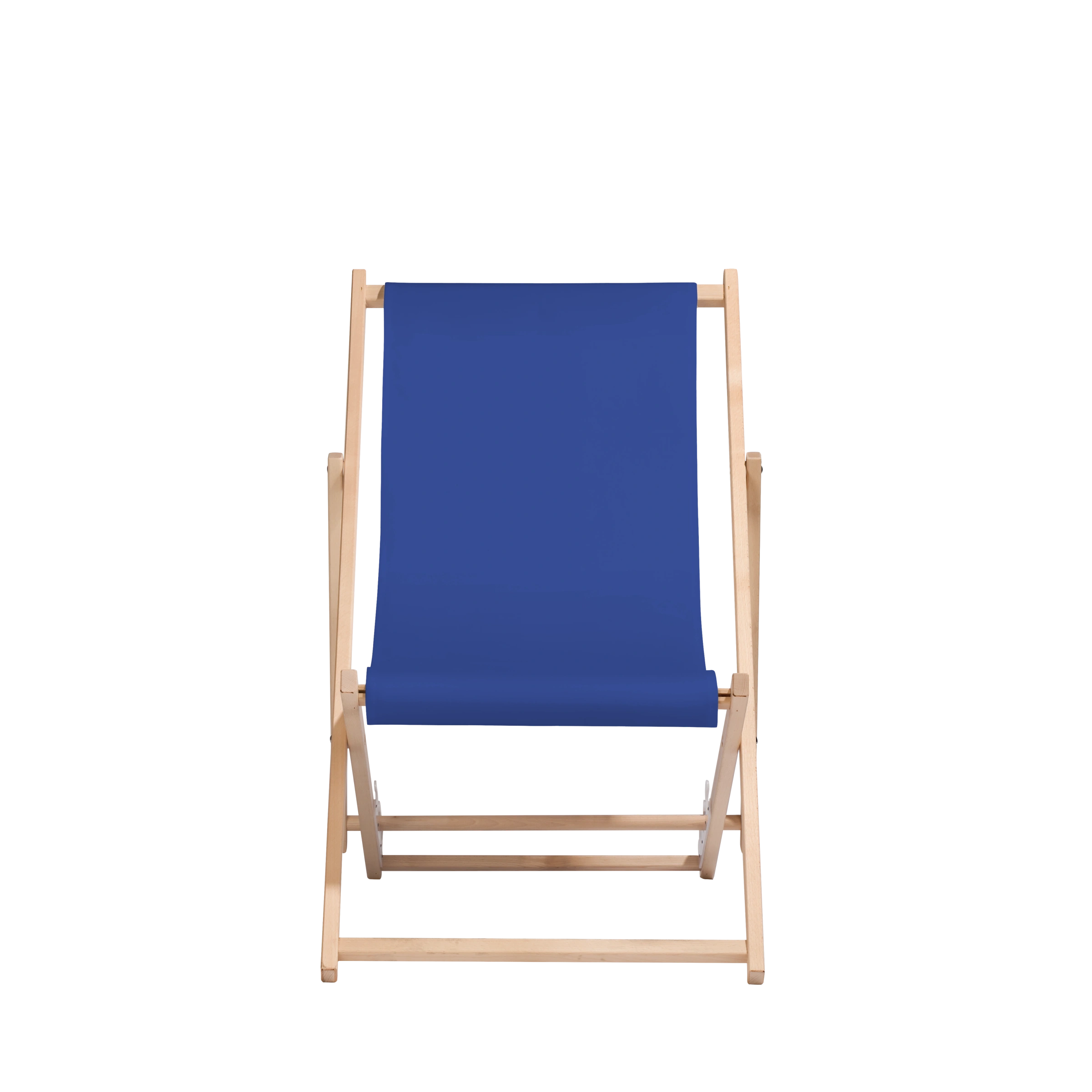 Liegestuhl Oliver aus naturbelassenem Buchenholz mit blauem Bezug, Frontalansicht
#Oli | Liegefläche (Farbe)_Blau Oliver