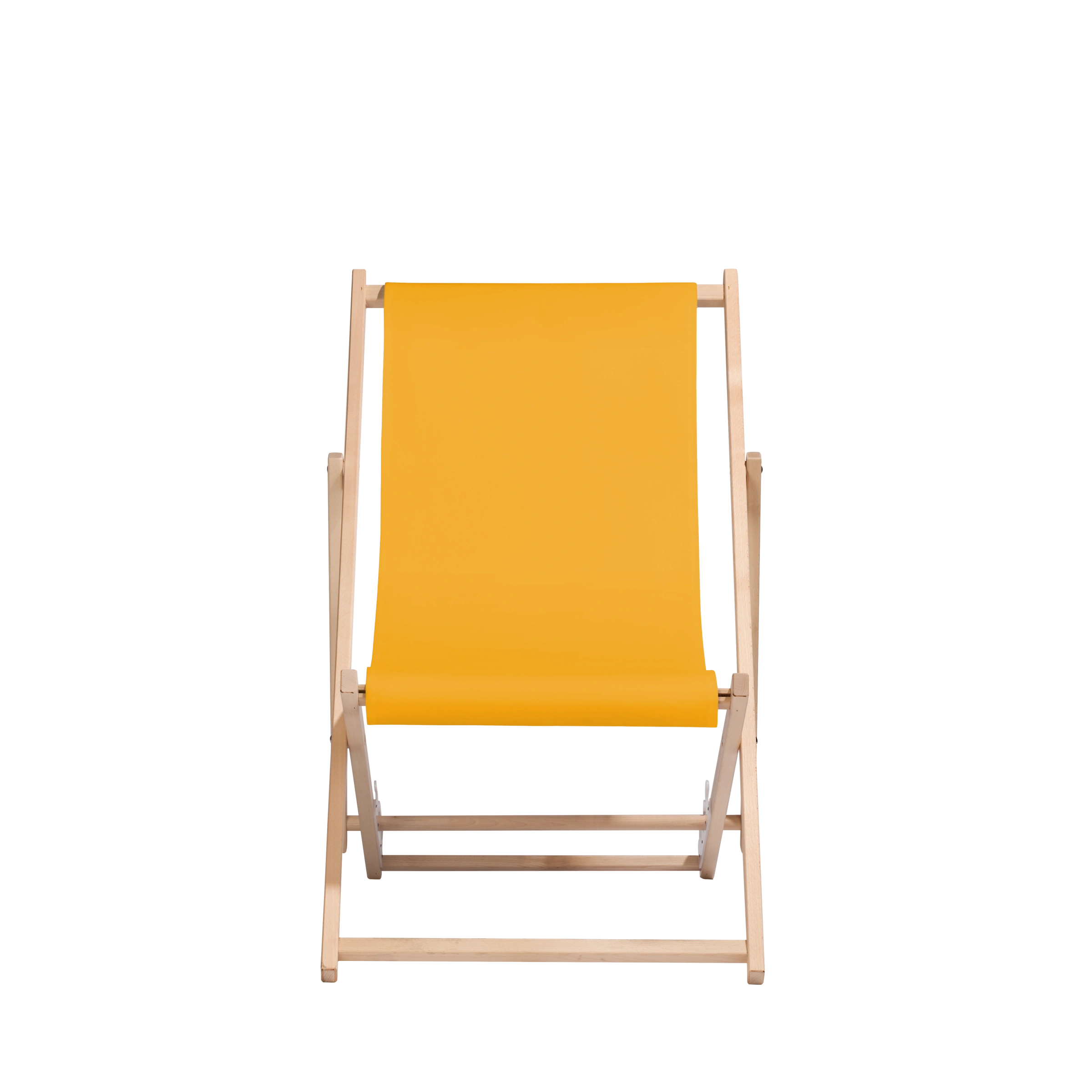 Liegestuhl Oliver aus naturbelassenem Buchenholz mit gelbem Bezug, Frontalansicht
#Oli | Liegefläche (Farbe)_Gelb Oliver